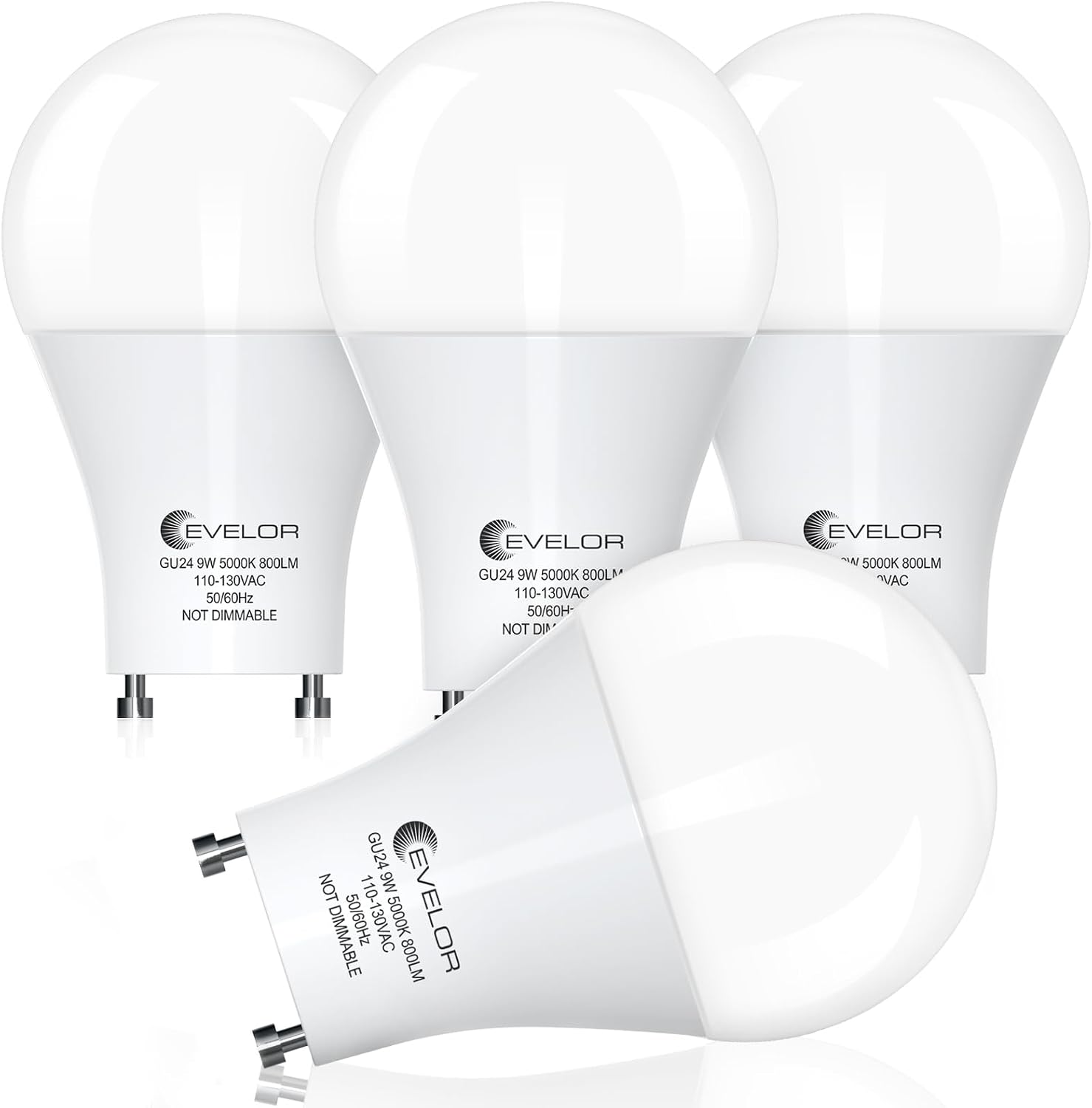 GU24 LED Light Bulb,60 Watt Equivalent Daylight White 5000K,Non-Dimmable,Efficient 9W,800 Lumens 2 Prong Light Bulbs,15000 Hours,Ideal for Kitchen,Range Hood,Living Room,Bedroom, 4-Packs