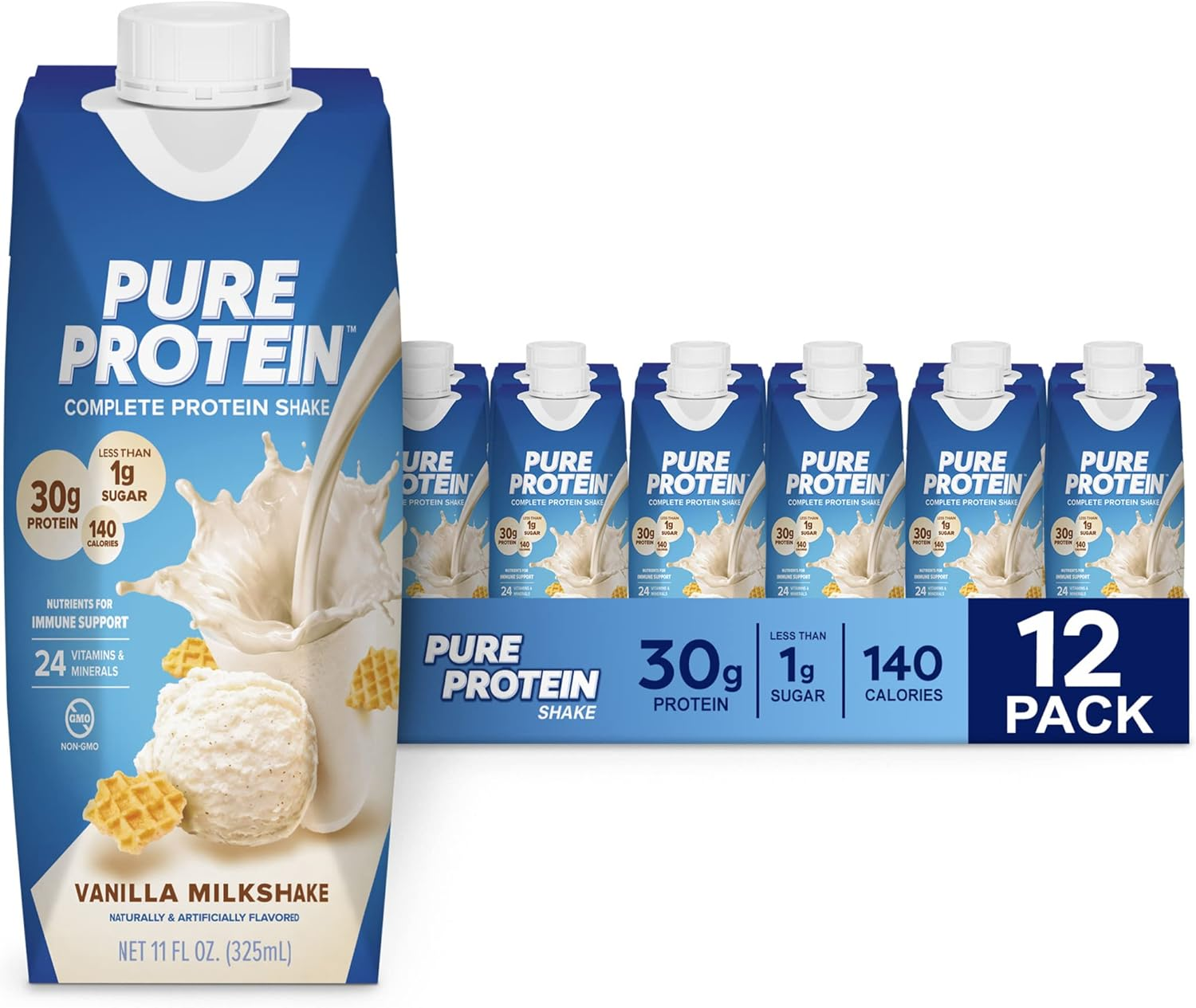 Vanilla Protein Shake, 30G Complete Protein, Vitamins A, C, D, and E plus Zinc to Support Immune Health, Ready to Drink and Keto-Friendly, 11Oz Bottles, 12 Pack