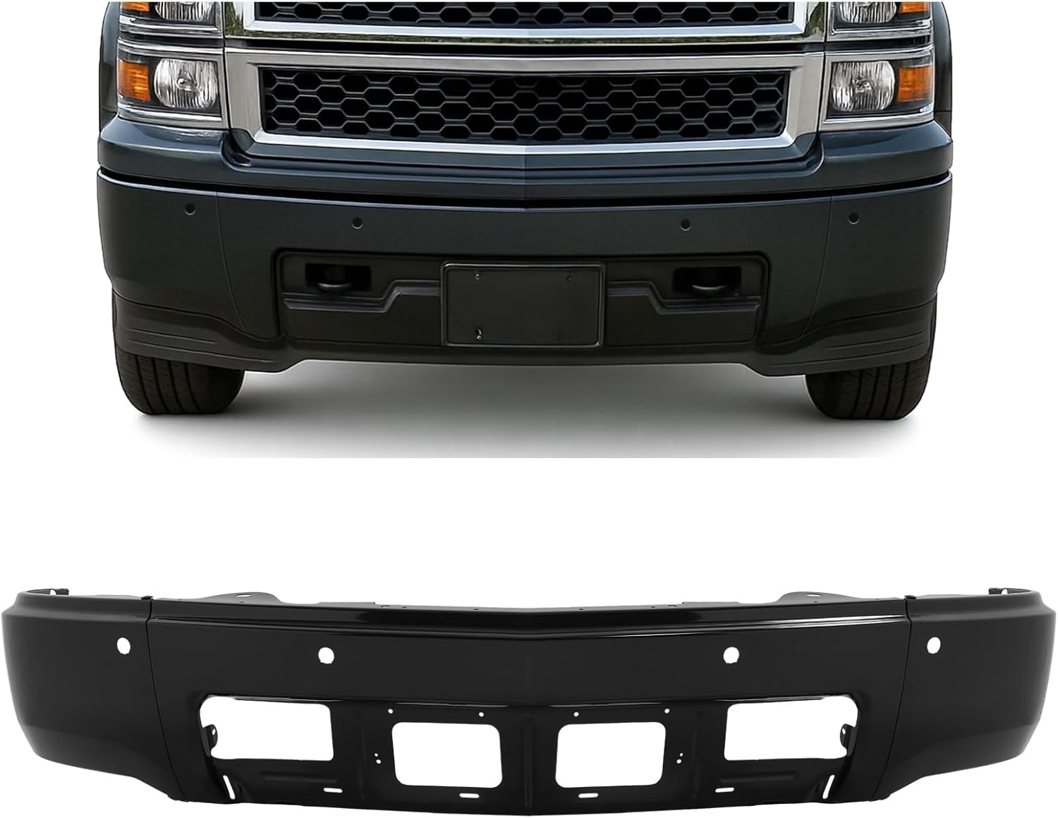 Front Bumper Face Bar Compatible with 2014-2015 Chevy Chevrolet Silverado 1500 W/O Fog Light Holes, W/Parking Aid Sensor Holes Bumper Cover Impact Bar Powder Coated Black 3Pcs