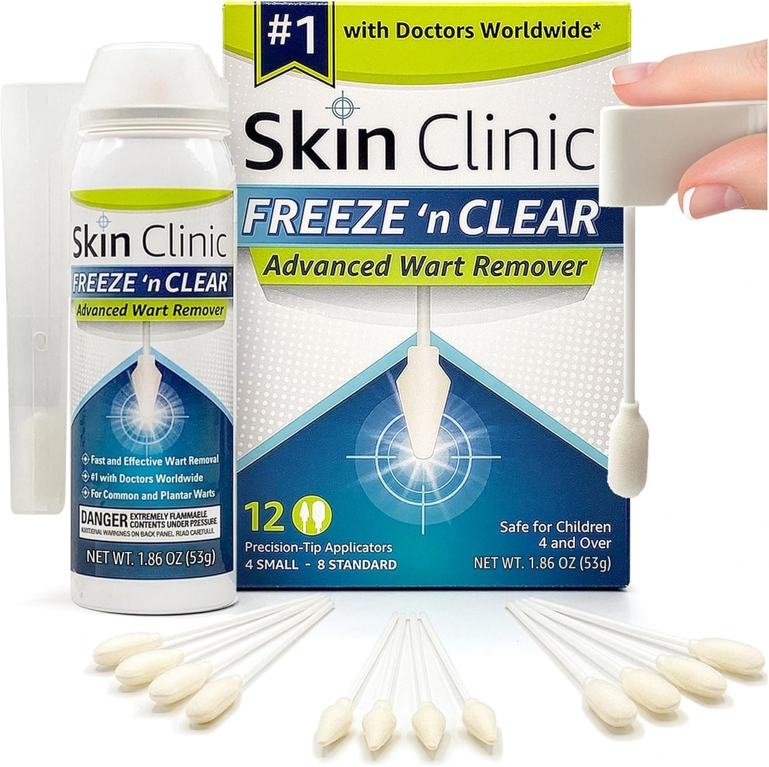 Skin Clinic Freeze 'N Clear Advanced Wart Remover - USA Made Cryo-Freeze Kit with 12 Precision-Tip Applicators - Fda-Cleared Freezing Wart Treatment Solution for Adults & Kids 4+