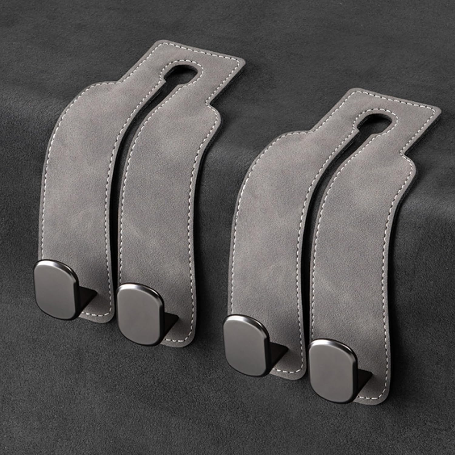Car Headrest Hooks for Storage, Purses and Bags - Leather Seat Back Organizer (Gray, 2 Pack)