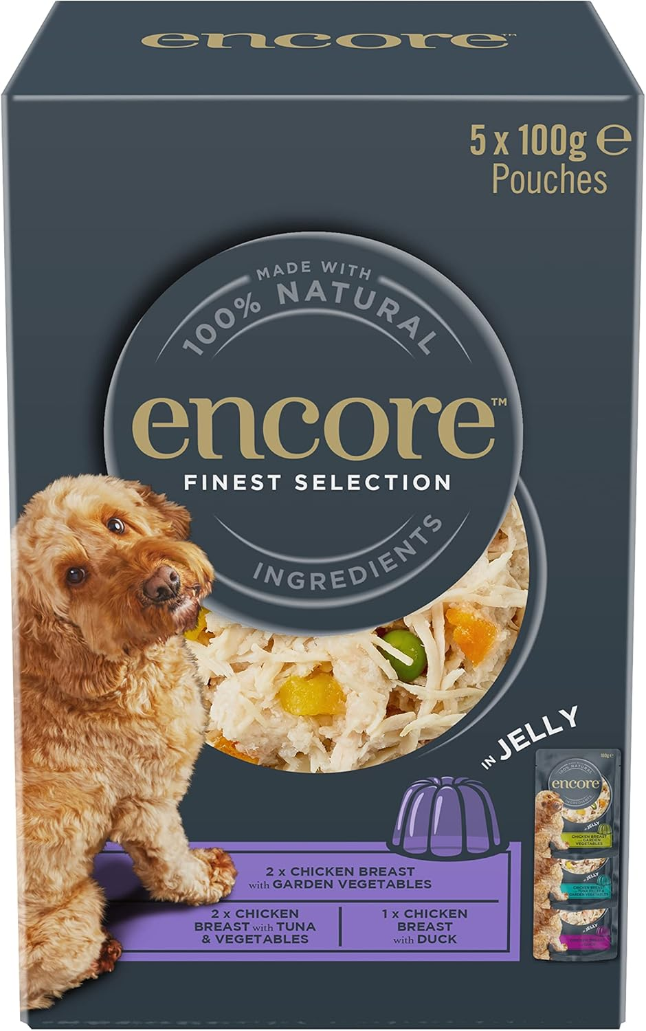 Encore Natural Wet Dog Food Pouches Finest Chicken Selection in Jelly, 5X100G Pouches