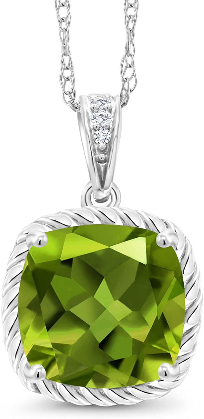 10K White Gold Green Peridot and Diamond Pendant Necklace for Women (2.47 Cttw, Cushion 8MM, Gemstone Birthstone, with 18 Inch Chain)