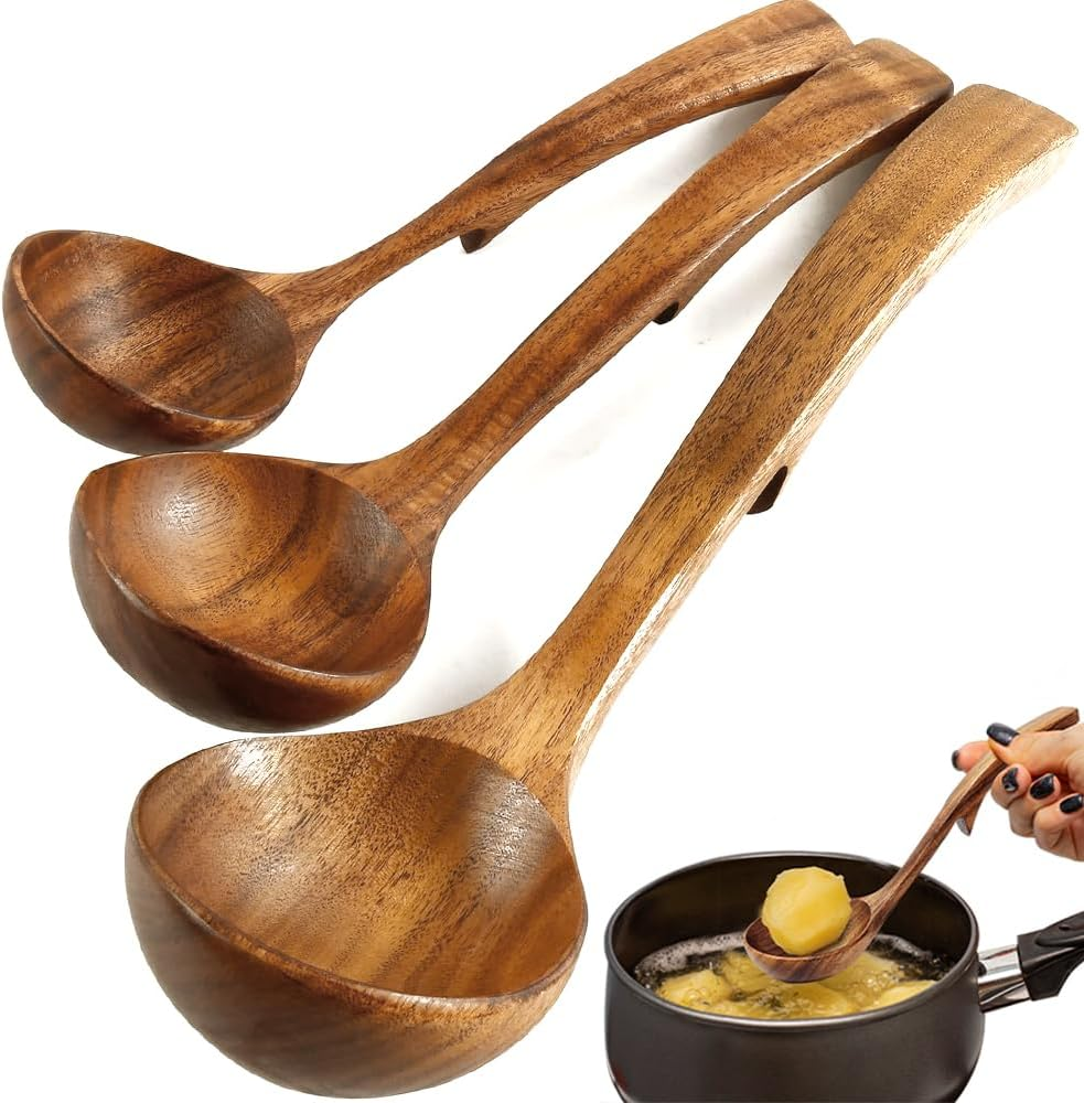 Wooden Soup Ladle Wooden Ladle Wooden Spoons for Cooking 3 Size Acacia Wood Serving Spoons Non-Stick Long Handle Wooden Spoon for Kitchen Utensils Set