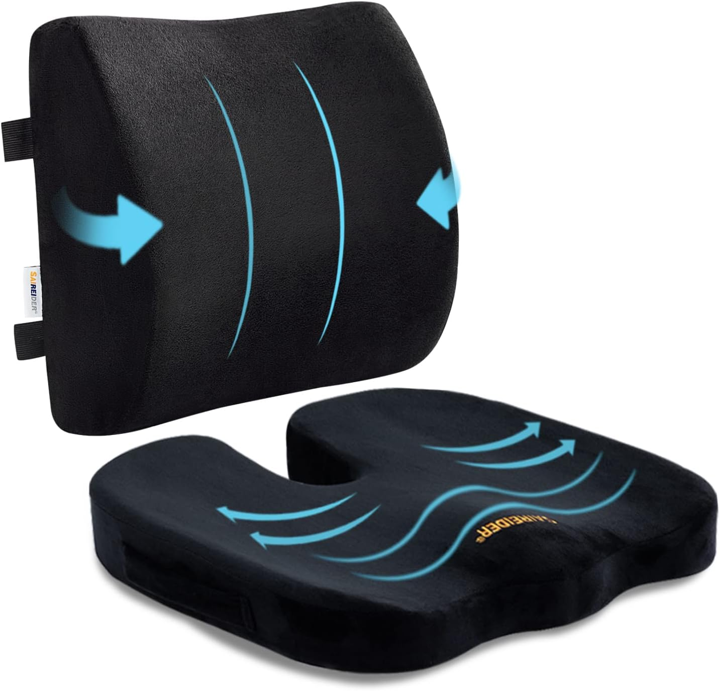 Seat Cushion and Lumbar Support Pillow for Office Chair, Memory Foam Car Seat Cushions Back Support Pillows, Help Relieve Pain of Back, Lumbar, Tailbone and Sciatic Nerve（Black）