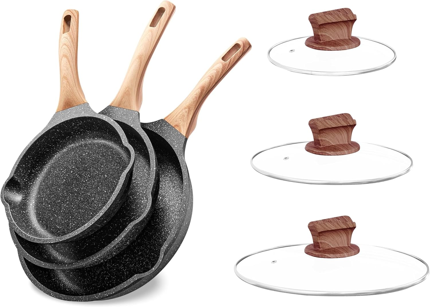 Non-Stick Frying Pan Set with Lids, PFOA Free, All Stovetops