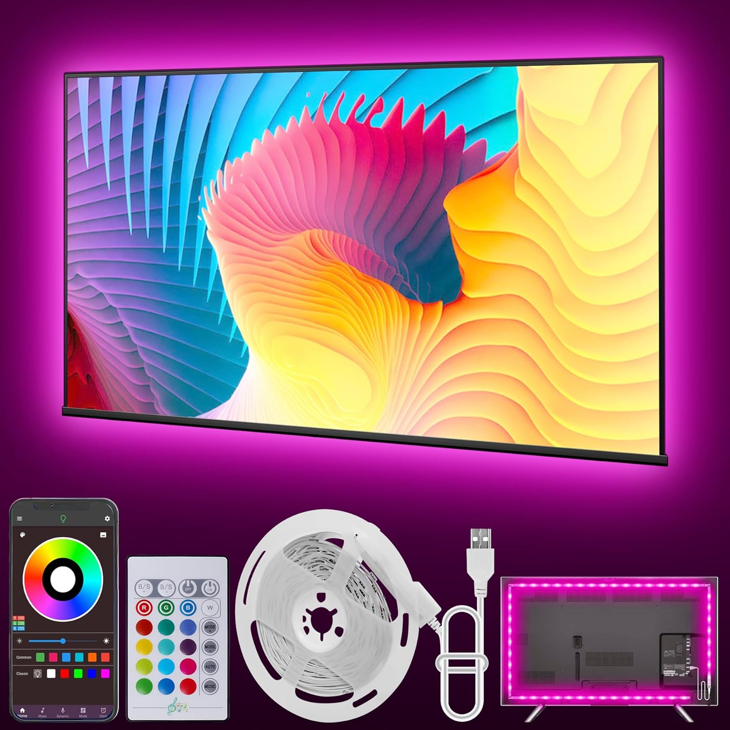 Led Lights for TV, 20Ft TV Backlight for 32-80 Inch, USB Light Strip with Remote, App Control, RGB Strip Lights Music Sync Color Changing Led Lights for Bedroom, Gaming Accessories
