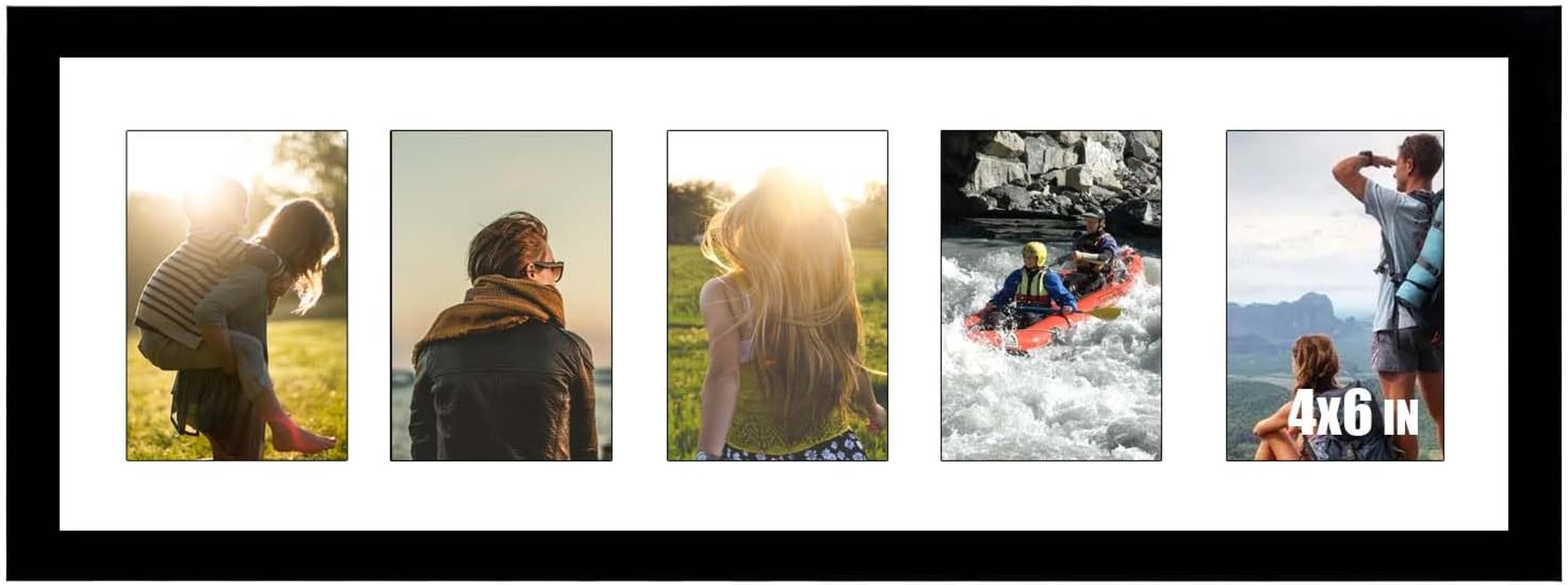 8X24 Inch Collage Picture Frame with Plexiglass, Black Wood Construction, Fits Five 4X6 Photos or Single 8X24 Picture, Wall Mount Gallery Display
