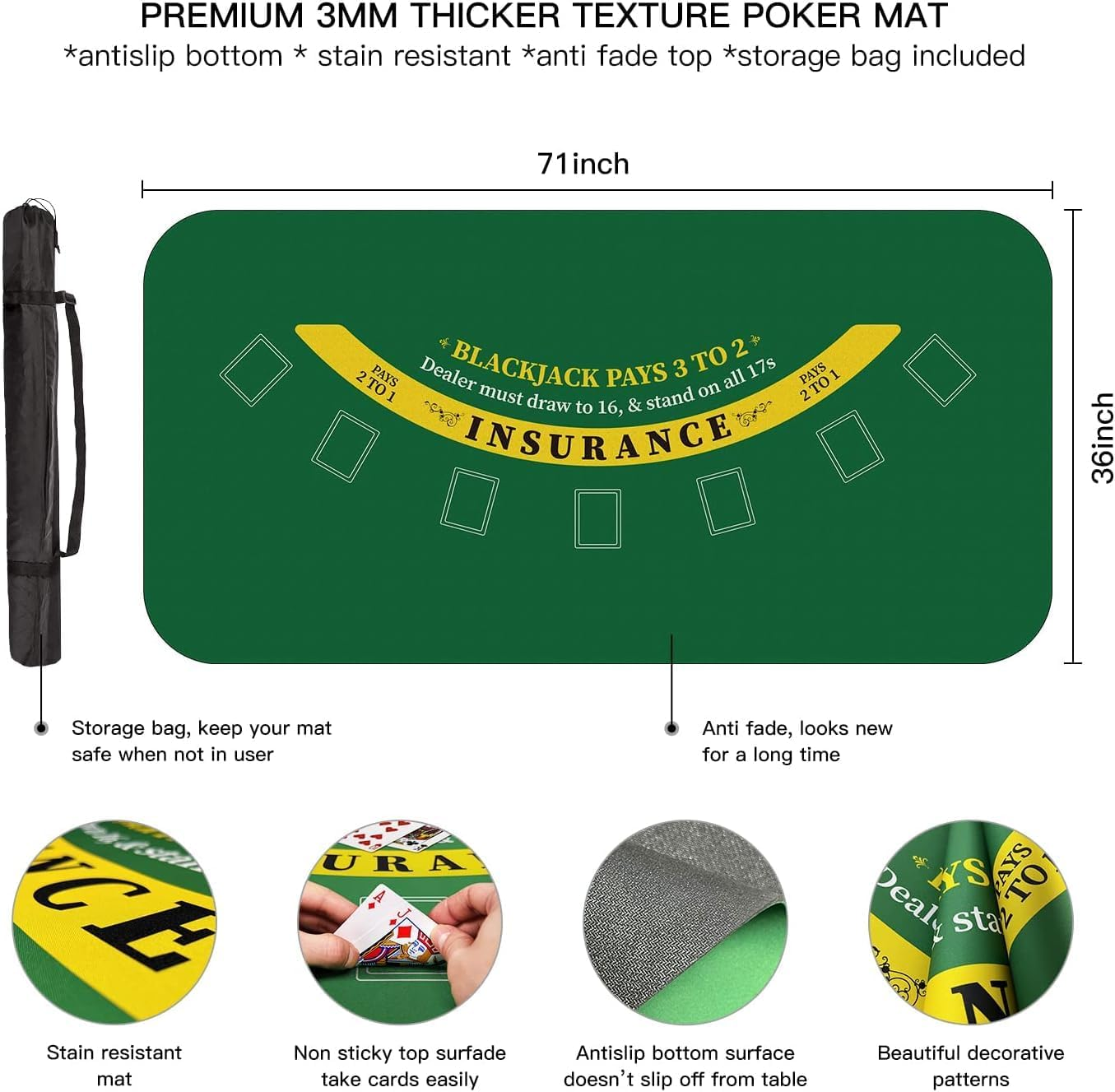 180 * 90cm Poker Mat for Table with Carrying Bag, Professional Casino Blackja... - Picture 4 of 13