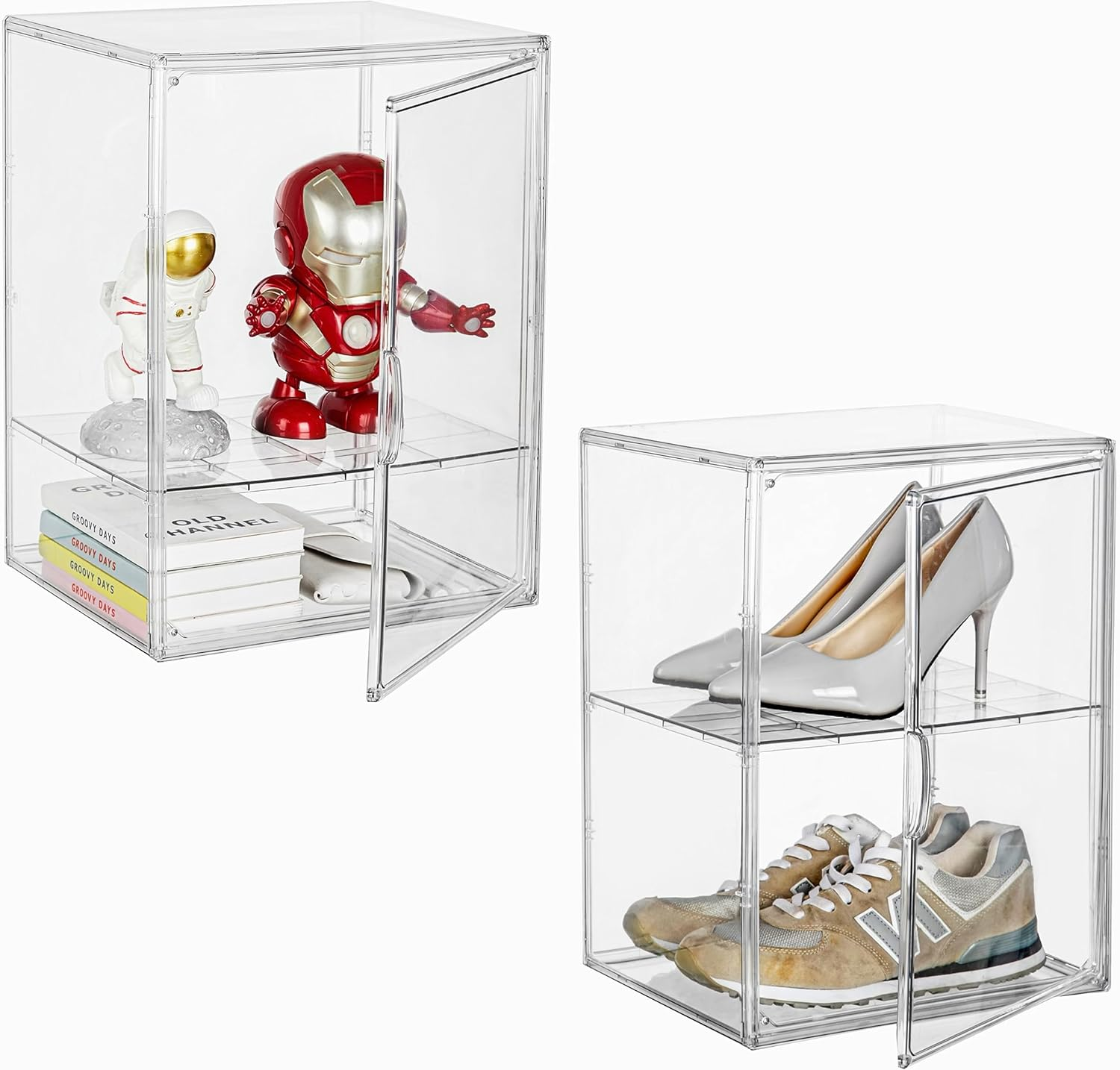 Super Large Boot Storage Boxes Clear Stackable Storage Bins, 2 Pack Xx-Large Shoe Box Organizers with Magnetic Lids, Big Acrylic Display Case an Adjustable Divider