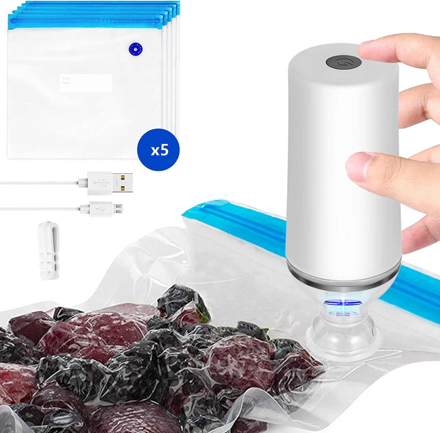 VICARKO Vacuum Food Sealer, save Sealer, USB Rechargeable Handheld Pump, for Sous Vide and Food Storage, with 5 Reusable Zipper Vacuum Bags, Compatible with Anova Joule Sous Vide Machine