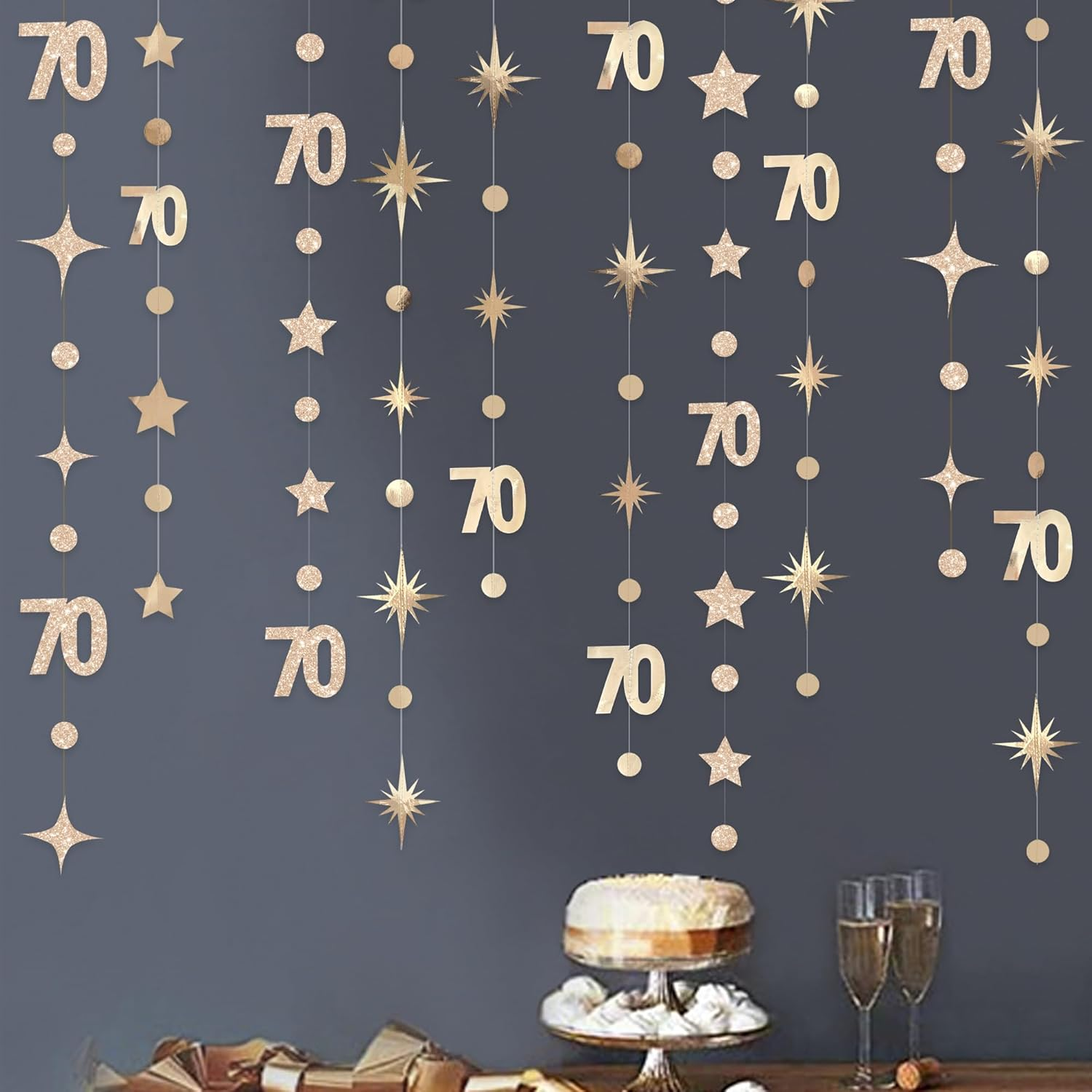 Champagne Gold 70Th Birthday Decorations Number 70 Circle Dot Star Garland Metallic Streamer Banner for Women Mens Cheers to 70 Years Old Birthday Happy 70Th Anniversary Vintage 1955 Party Supplies