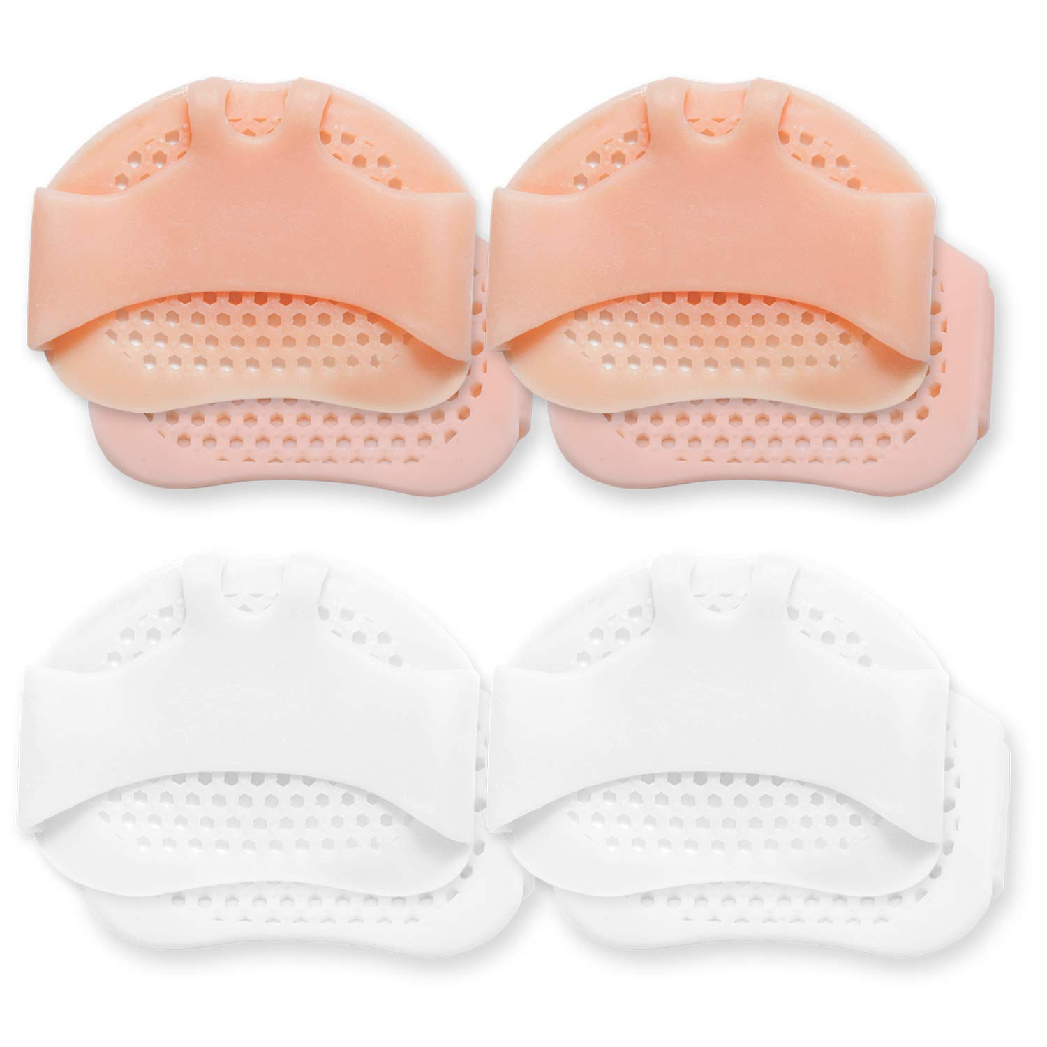 8 PC Ball of Foot Cushion, Soft Gel Metatarsal Pads with Forefoot Cushioning & Metatarsalgia Support, Bunion, Mortons Neuroma, Callus, Honeycomb Breathable Non-Slip Ultra-Thin Fit for High Heels, Washable White & Skin Tone for Women, Men