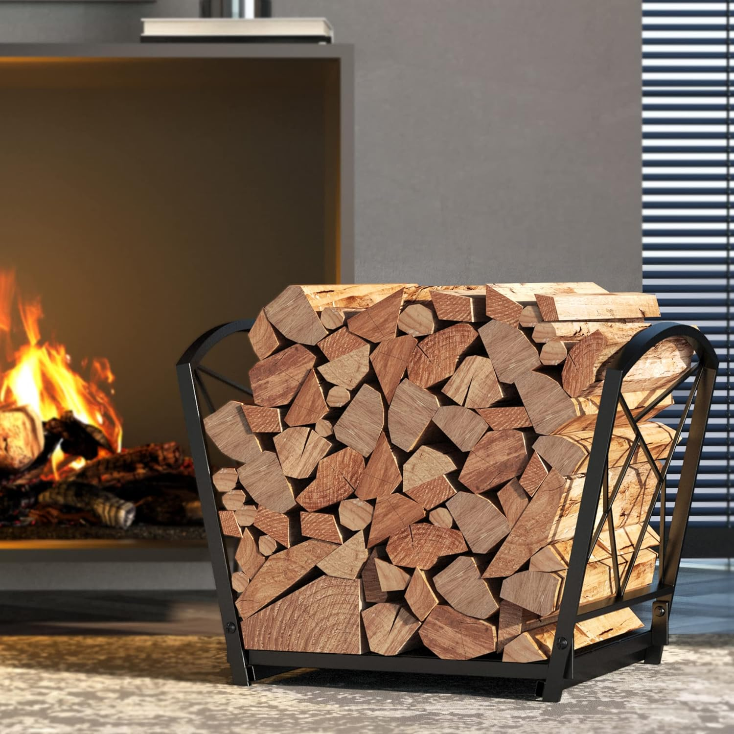 Firewood Log Rack, Iron Wood Lumber Storage Holder for Fireplace, Heavy Duty Log Storage Bin for Firepit Stove Accessories