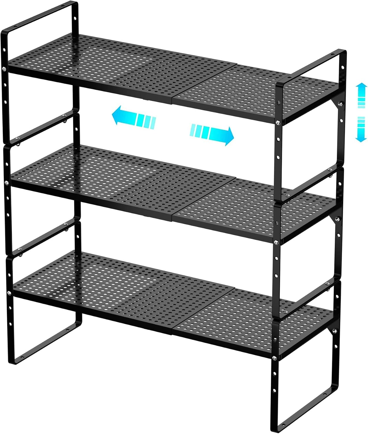 Large Expandable Cabinet Storage Shelf, Adjustable Height Steel Metal Kitchen Counter Organizers Shelves Spice Rack for Kitchen Pantry Bathroom Cupboard Desk Home Office, Black-3 Pack