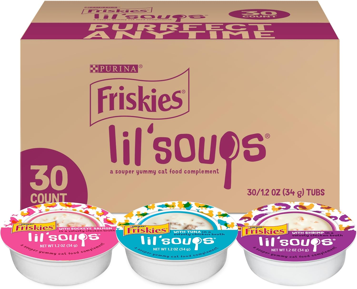 Friskies Purina Grain Free Wet Cat Food Lickable Cat Treats Variety Pack, Lil' Soups with Salmon, Tuna or Shrimp - (Pack of 30) 1.2 Oz. Cups