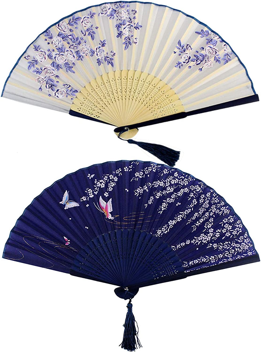 Bantoye 2 Pieces Handheld Fans, Silk Folding Fans with Bamboo Frames for Dancing