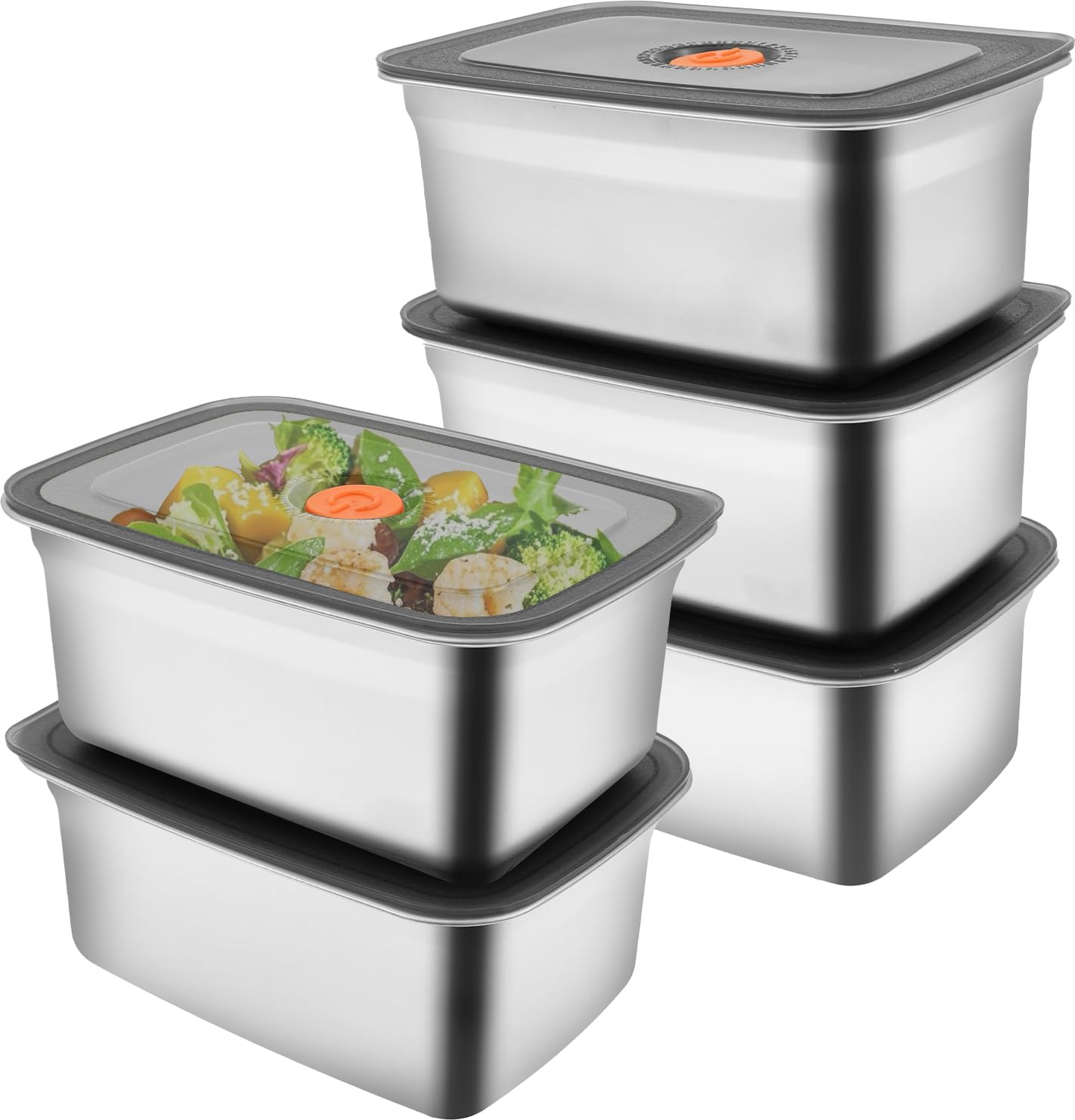5 PCS Stainless Steel Food Storage Container with Lid for Fridge Fruit Container Airtight Crisper Box for Vegetable Meat Cookie (1500Ml)
