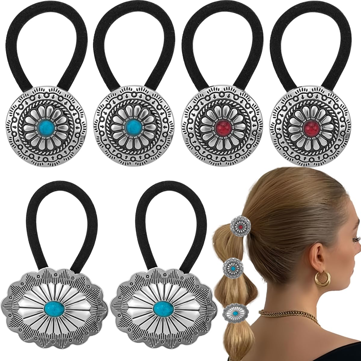 6 PCS Metal Western Style Ponytail Holders Boho Hair Ties Flower Circular A