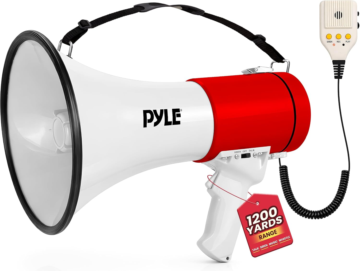 50W Megaphone Bullhorn Speaker – Portable Battery Powered PA System with Siren Alarm, Talk & Music Modes, 1200+ Yard Voice Projection, MP3 & AUX Input, Shoulder Strap