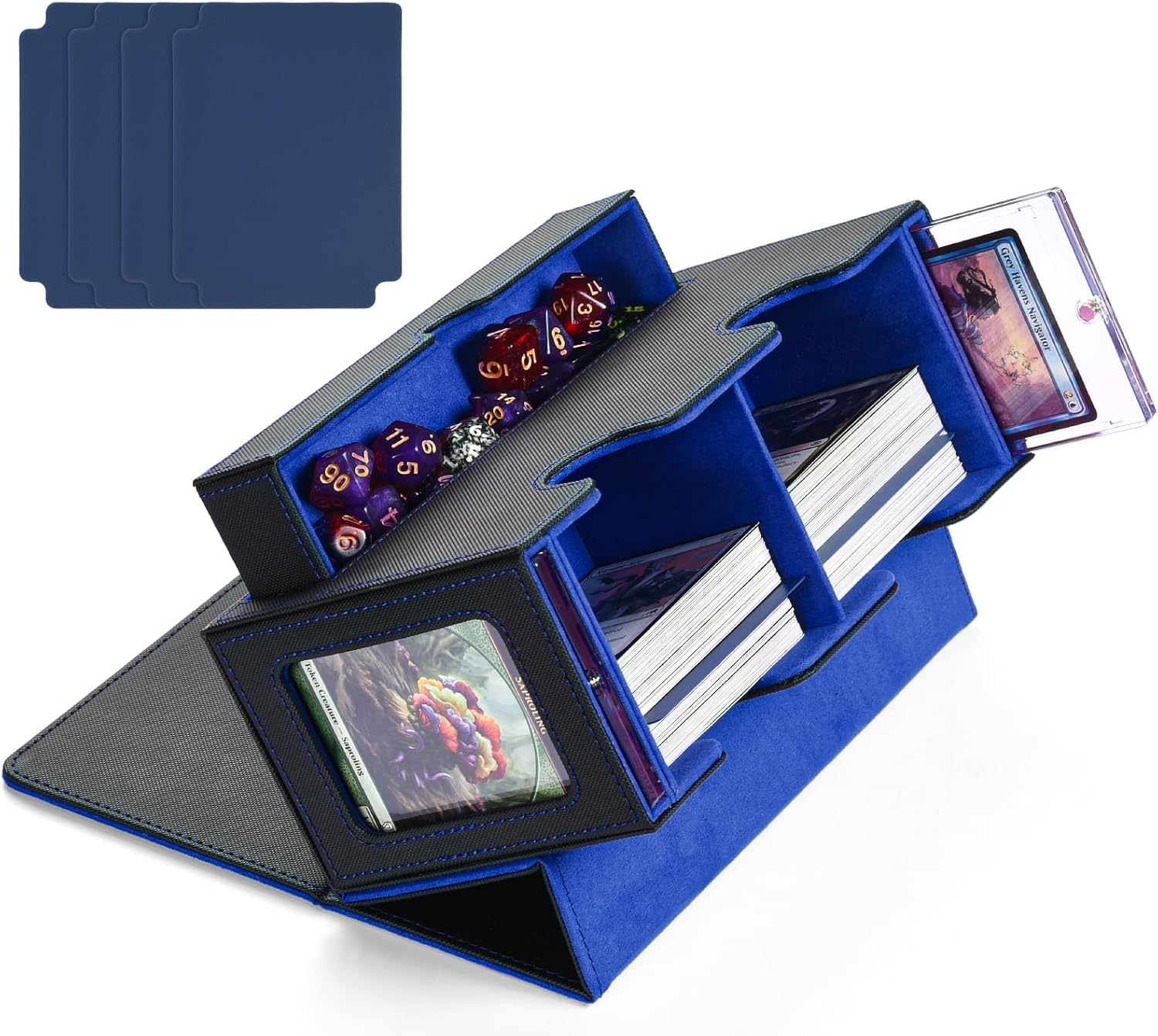 MTG Deck Box with 2 Commander Displays & Dice Tray, Fits 320+ Single Sleeved Cards, Trading Card Storage with 4 Dividers & 35Pt Card Brick for Magic, TCG, and Collectible Cards (Blue)
