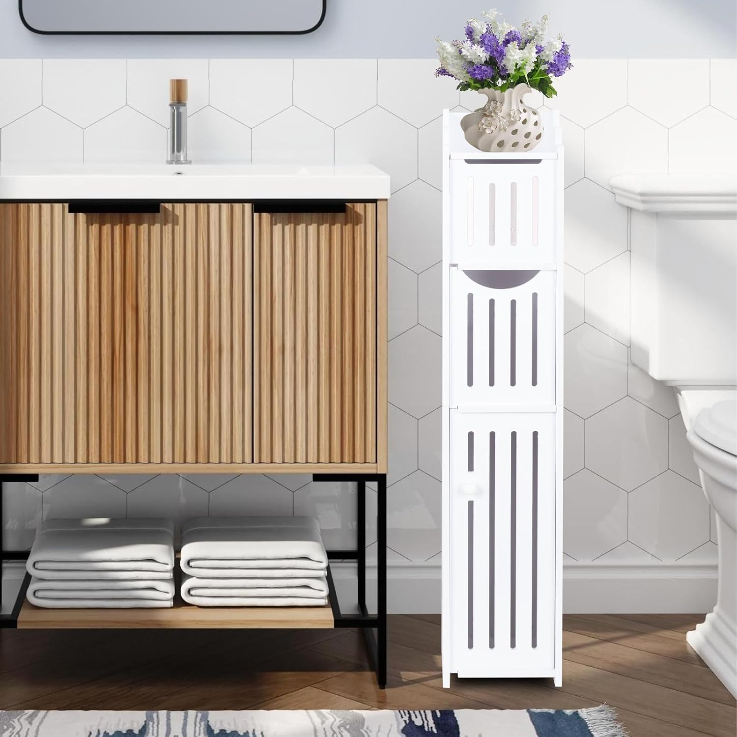 Toilet Paper Holder Stand, Bathroom Storage Cabinet with Doors and Shelves, Slim Storage Cabinet for Bathroom Small Spaces Corner Shelf Organizer - White