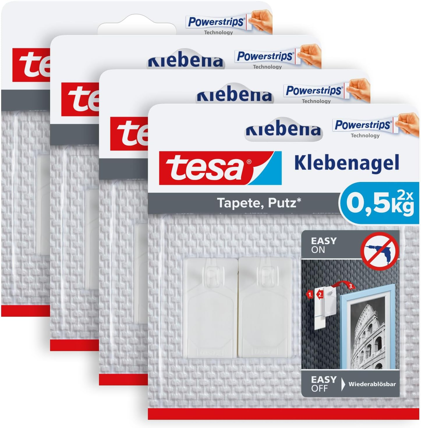 Klebenagel Für Tapeten Und Putz 0,5Kg Im 4Er Pack - Selbstklebende Nägel Für Empfindliche Oberflächen - Rückstandslos - Bis Zu 0,5 Kg Halteleistung Pro Nagel - 4X 2 Klebenägel