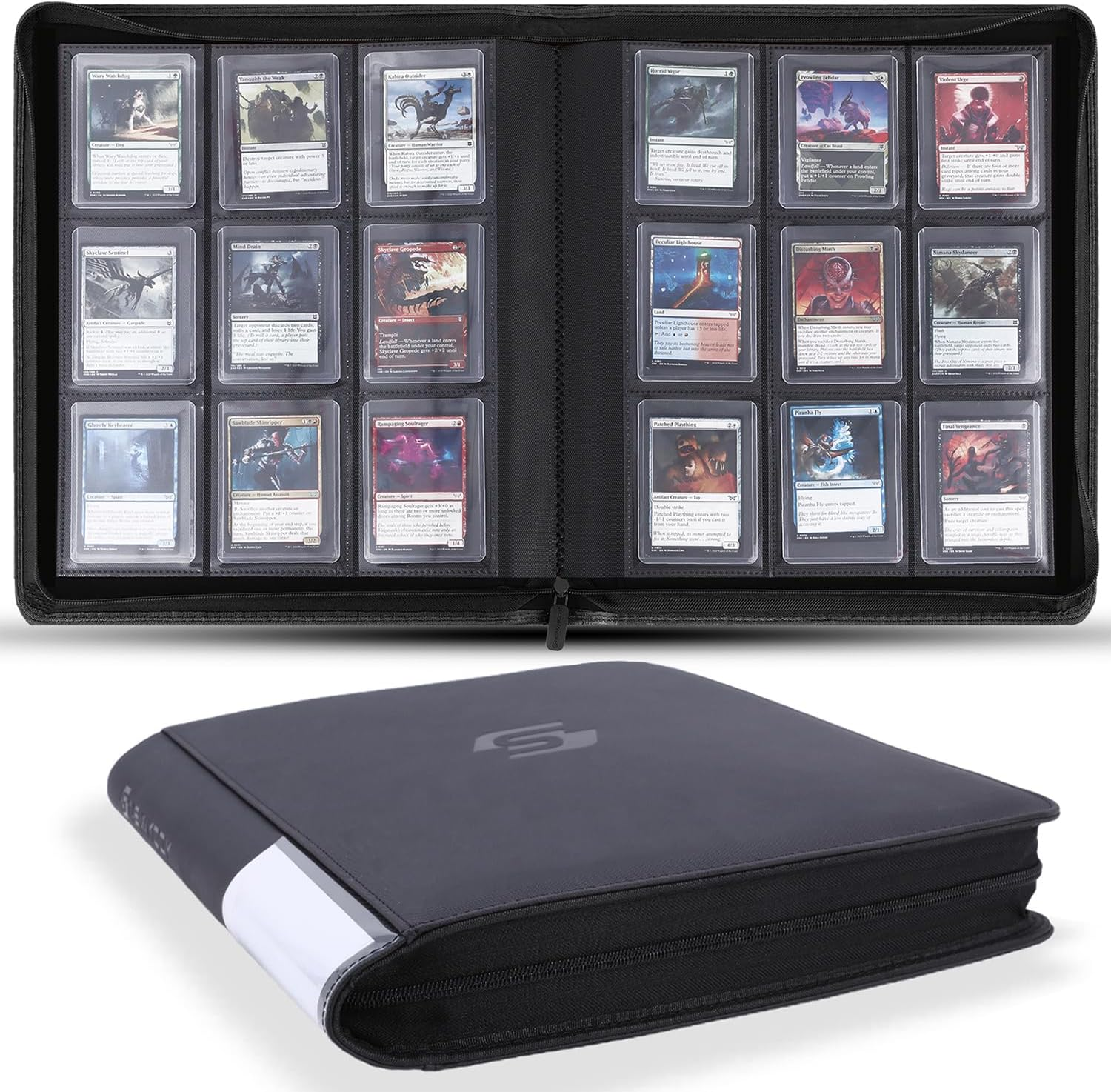 Snekdy Top Loader Binder, 9 Pockets Top Loader,Holds 360 Top Loaders Cards, Card Binder with Sleeves for Card in 3 X 4 Inches Color Smooth Zipper PU Leather (Black)
