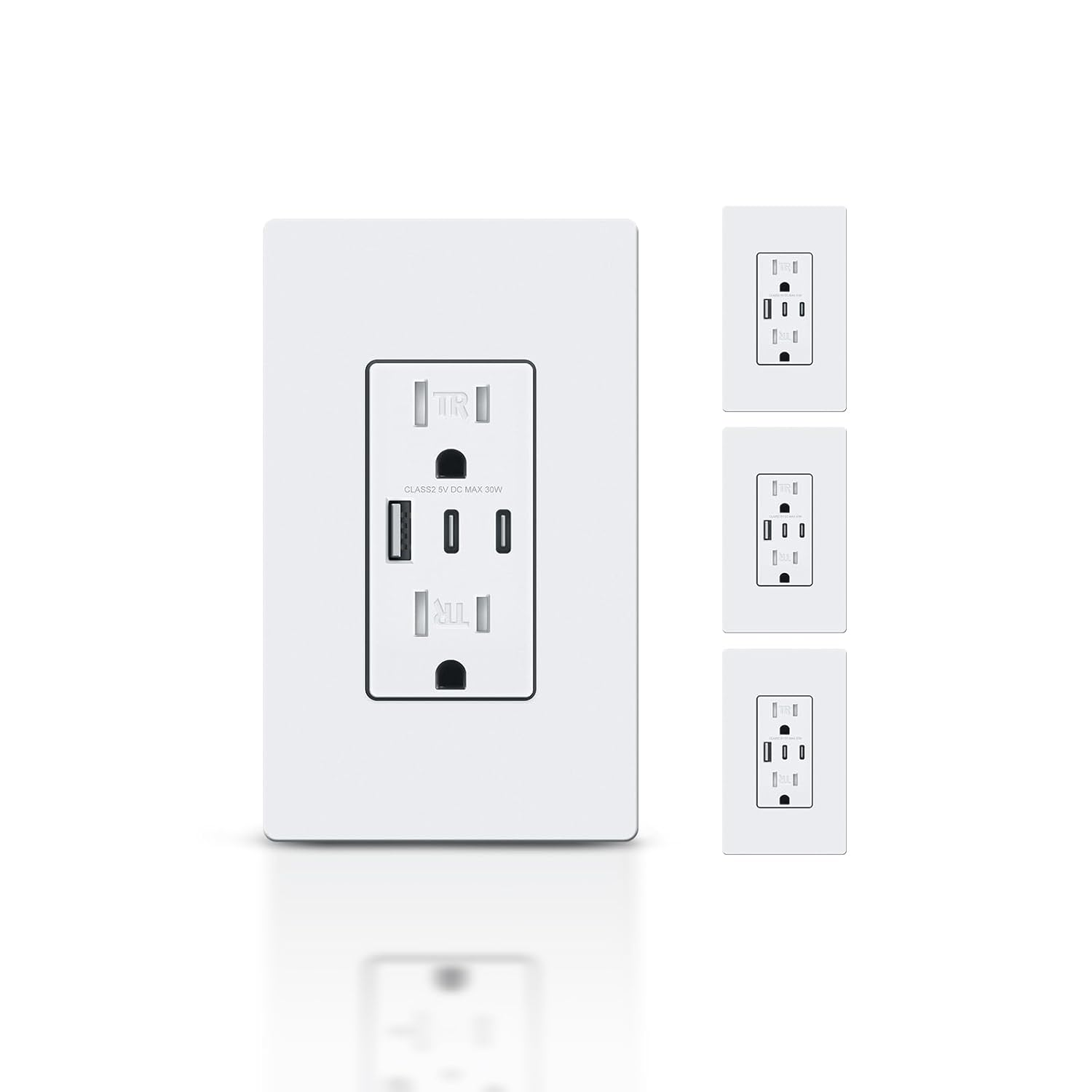 USB Outlet, 30W 6.0A USB C Wall Receptacle with 3 Port, 15 Amp TR Receptacle with Type a & Type C Charging Ports, ETL & FCC Listed, Screwless Wall Plate Included, White, 4Pack