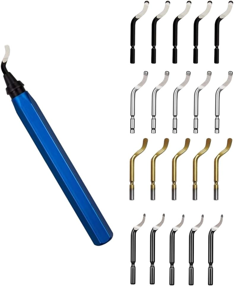 Metal Deburring Tool, Hand Deburring Tool Set with 20 Pcs 360 Degree Rotary Deburr Blades, Practical Burr Remover Tool for Plastic, Aluminum, Copper and Steel Blue+Sliver+Gold (20)