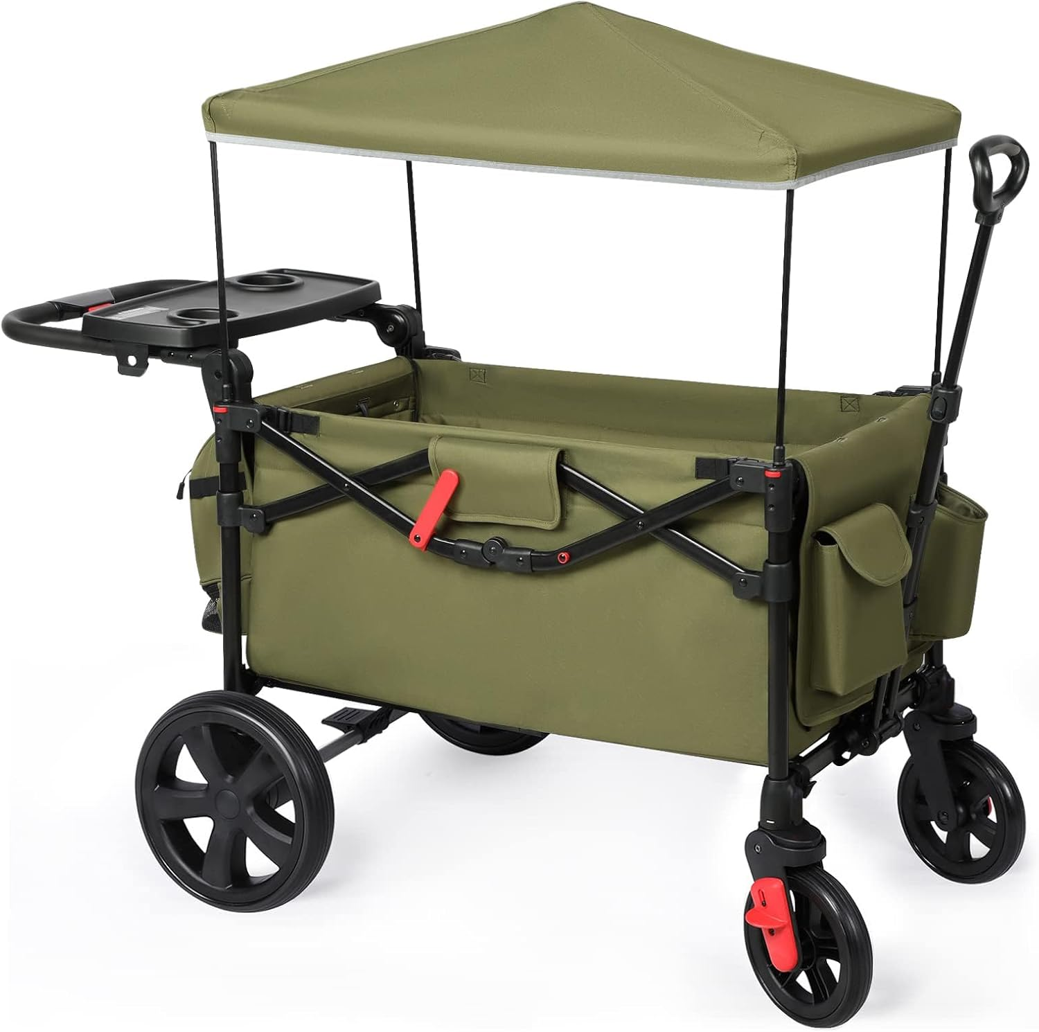 Foldable Wagons for Two Kids & Cargo, Collapsible Folding Wagon Stroller with Adjustable Handle Bar,Removable Canopy with 5-Point Harness,Green