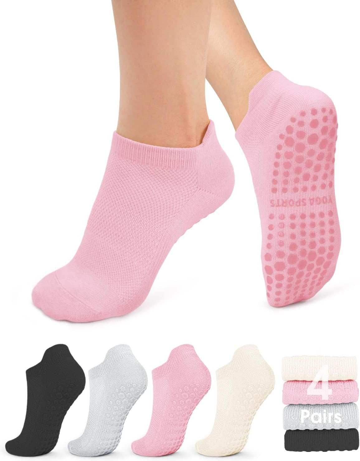 Pilates Socks for Women Non Slip Grip Socks for Yoga, Barre, Hospital, Barefoot Grippy Yoga Sock Womens Gifts 4 Pairs