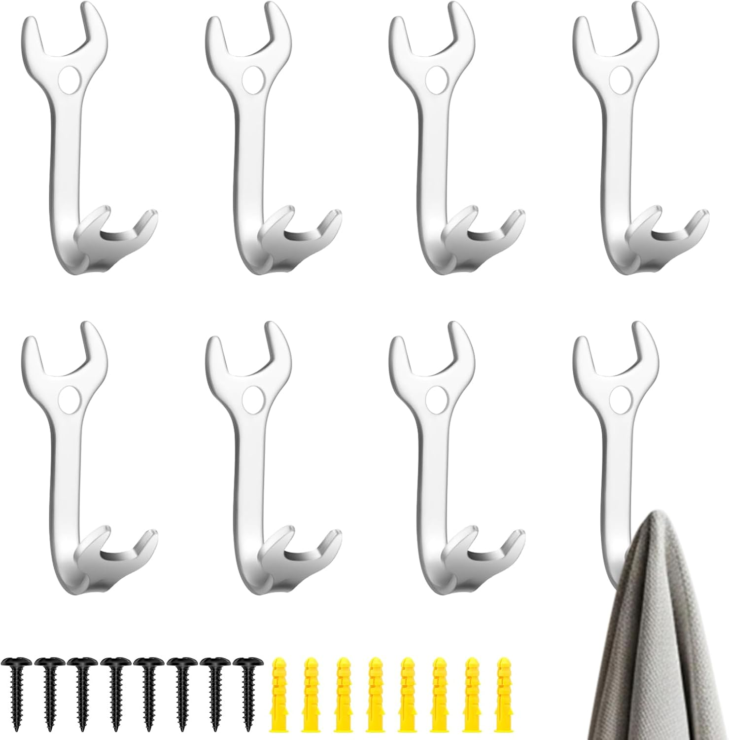 8 Pcs Vintage Wrench Shape Wall Hooks for Car Theme Decor, Silver