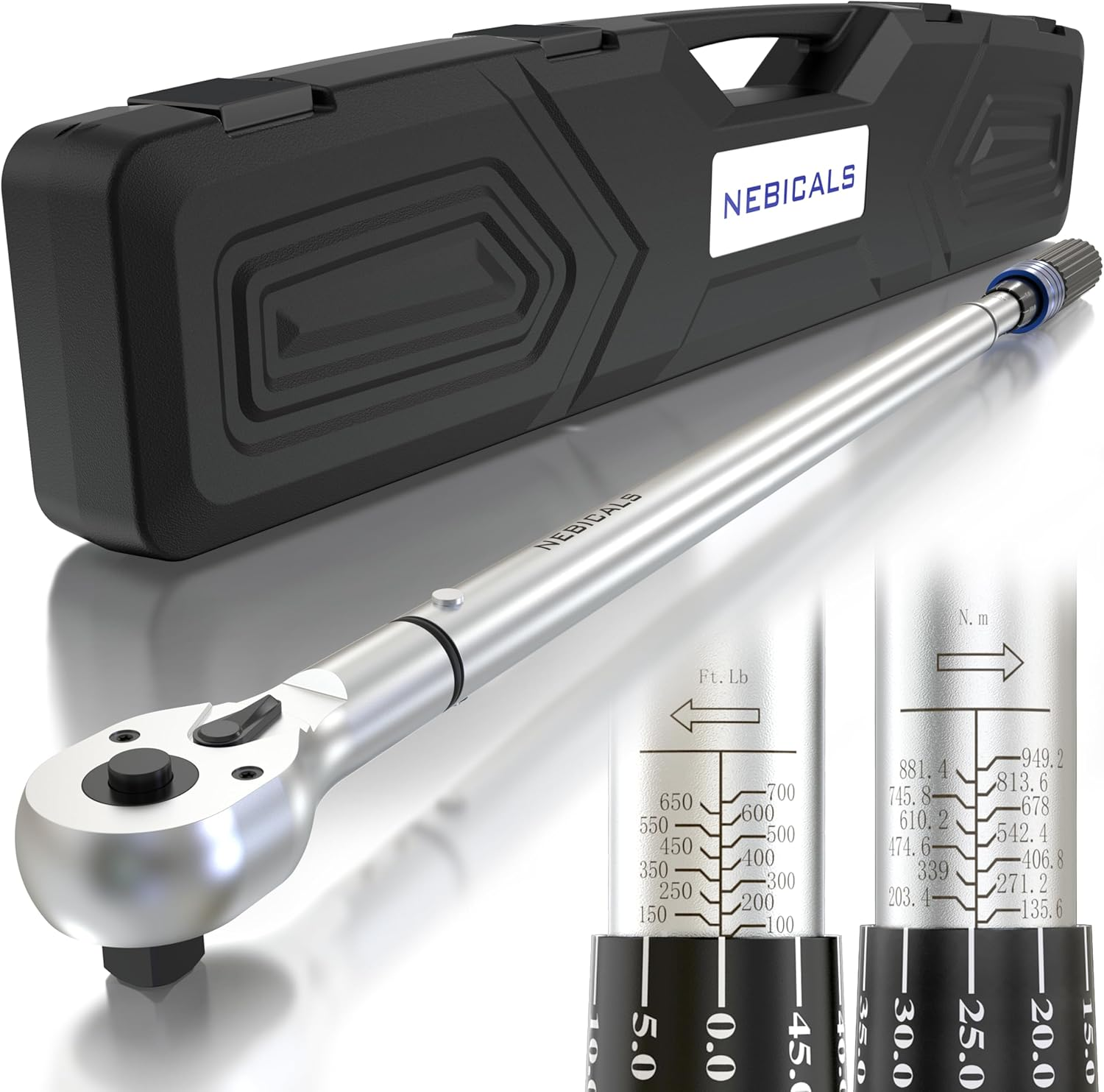 3/4'' Inch Drive Torque Wrench 100-700 Ft Lb / 135-949 Nm/Heavy Duty/Dual Direction/High Hardness/Long Lifetime/Stored in a Solid Case