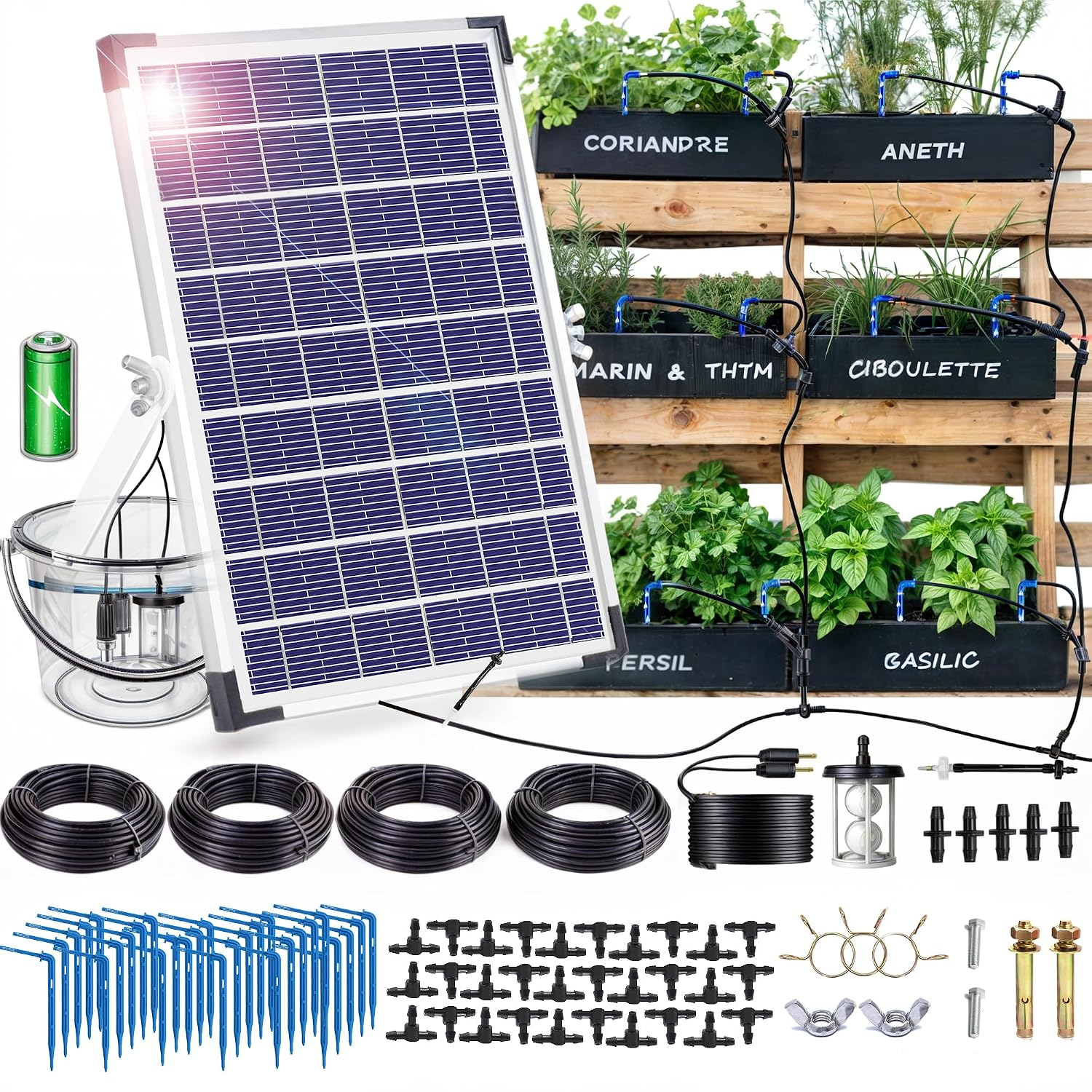Solar Drip Irrigation System with Timer, Programmable Smart Watering with 2200Mah Battery, Automatic Plants Watering System for 30 Potted Plants Outdoor Garden, Patio, Balcony, Greenhouse