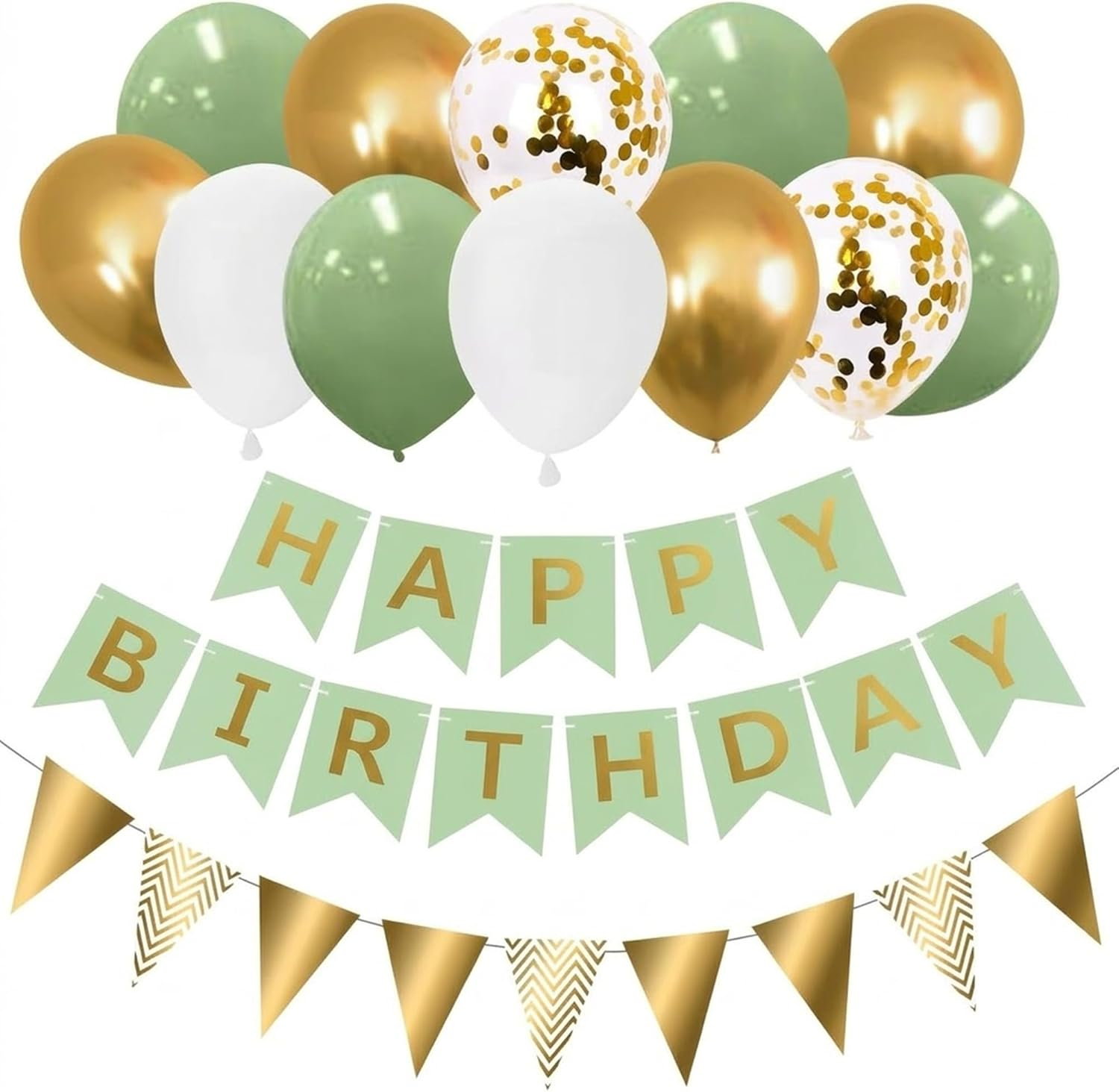 Birthday Decorations Green Happy Birthday Banner Gold White Balloons Set