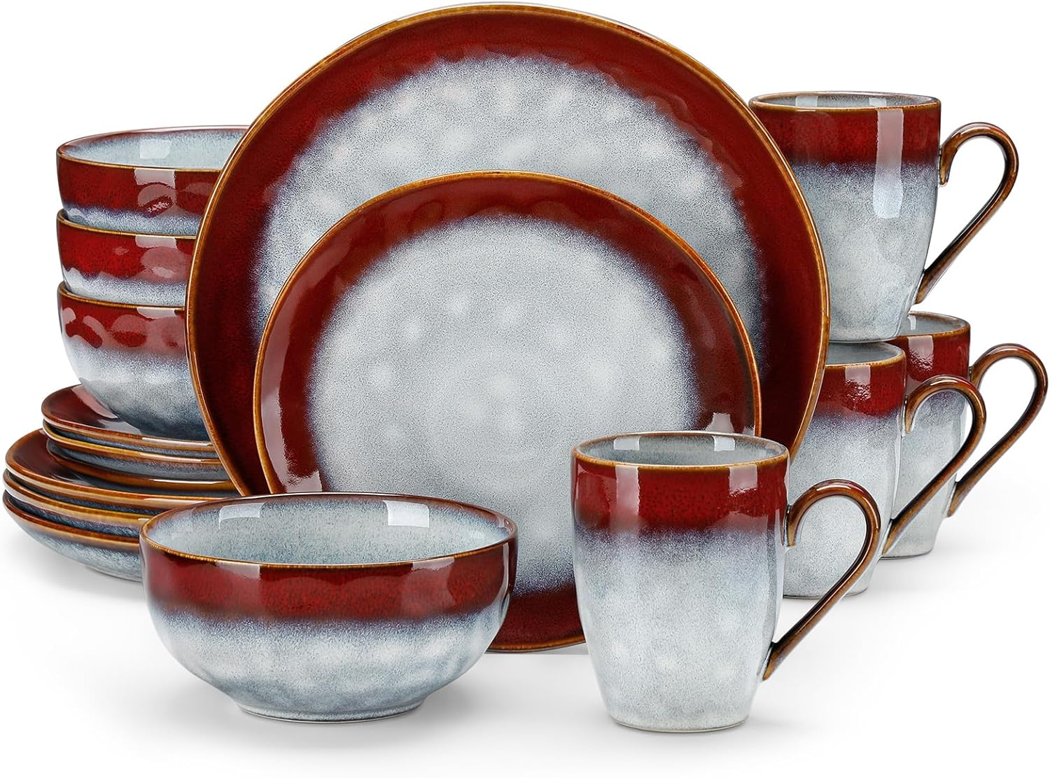 Starry 16 Pieces Red Dinnerware Set, Reactive Change Glaze Dinner Set, Plates and Bowls Set