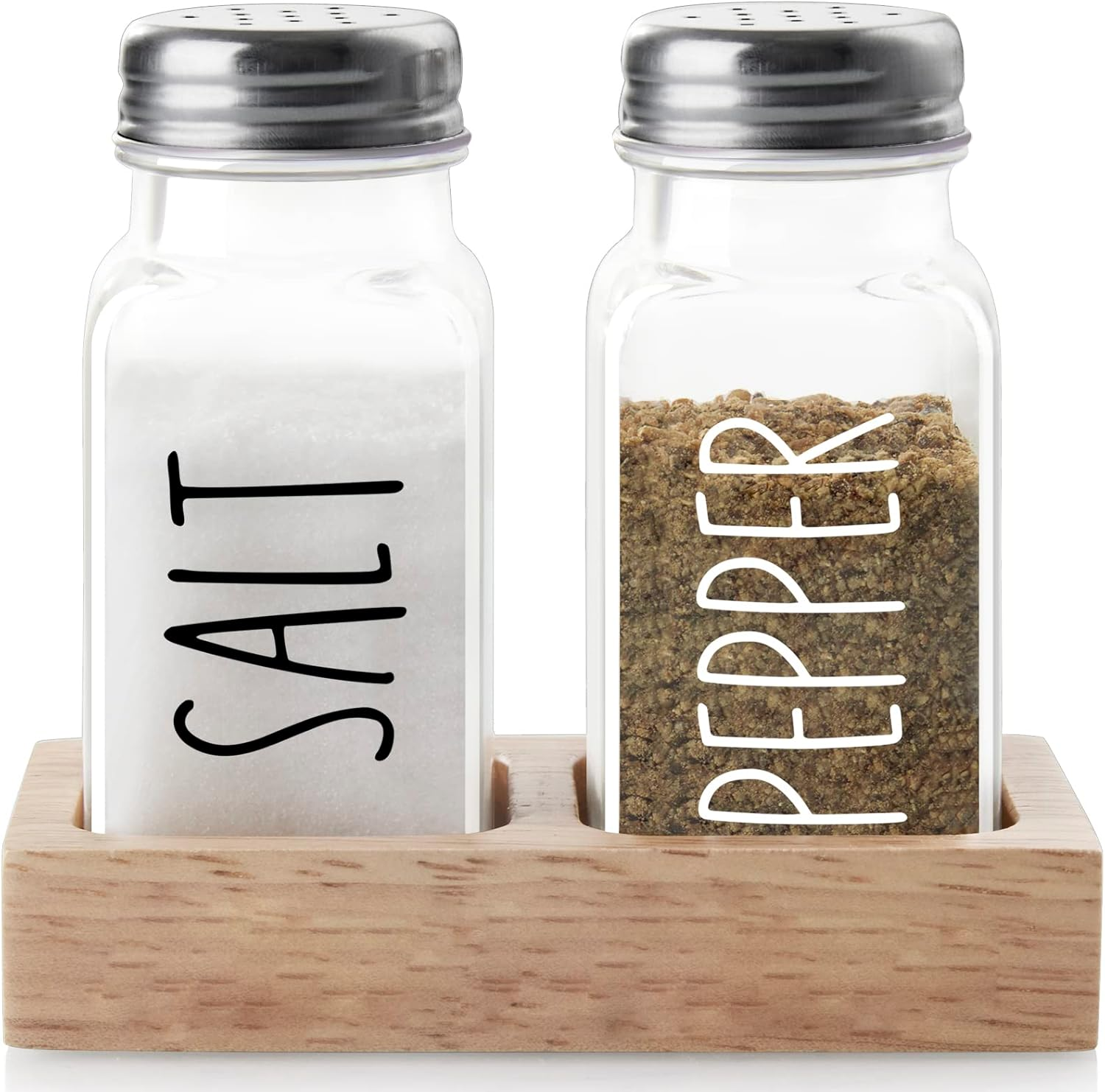 Glass Salt and Pepper Shakers with Holder -  Clear Salt and Pepper Set with Wood Caddy for Kitchen Counter or Table - Kitchen Decor and Accessories for Wedding Gifts - Easy Refilling-2.7 Oz