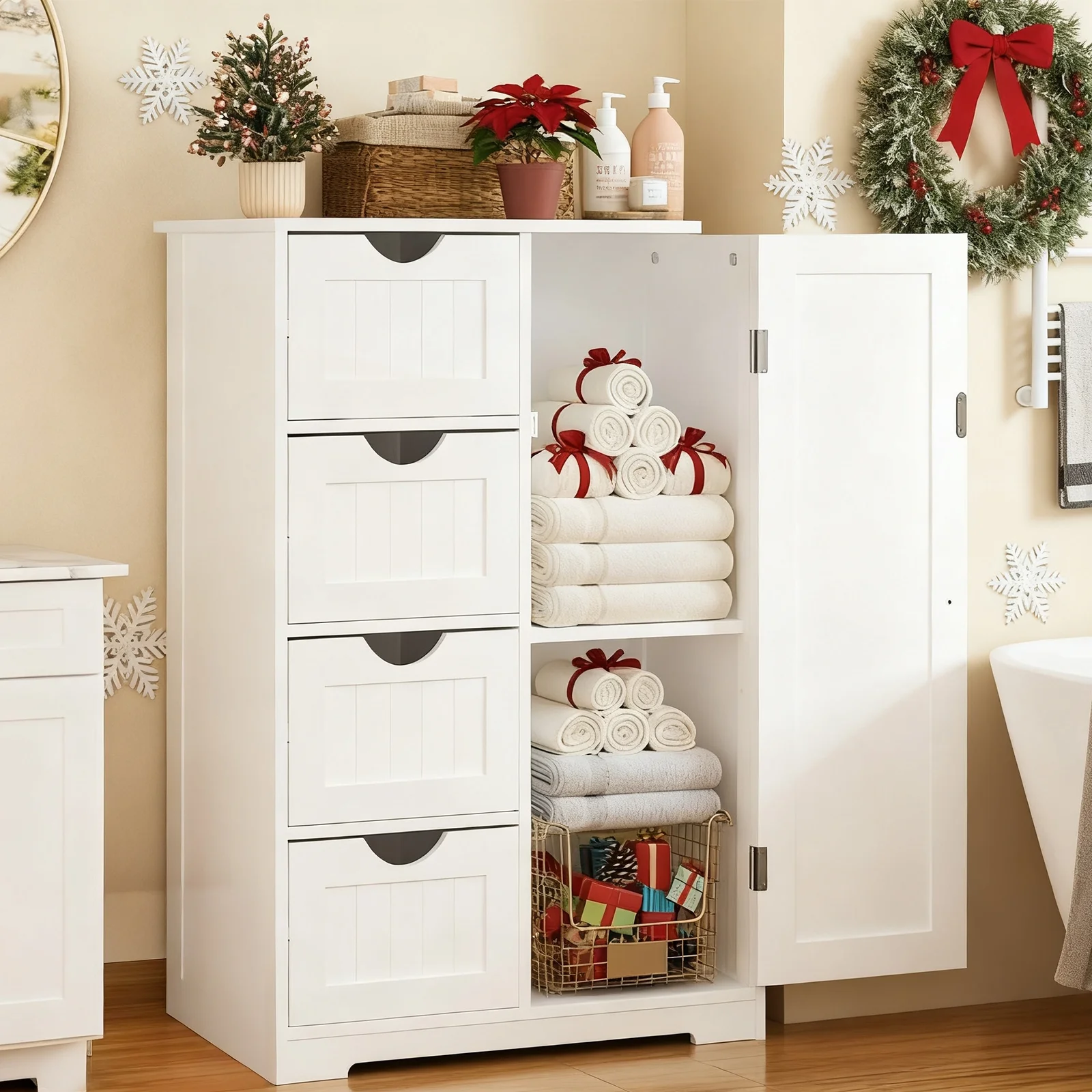 Ktaxon Wooden Bathroom Floor Cabinet, Side Storage Organizer with 4 Drawers, 1 Cupboard & 2-Shelves, White