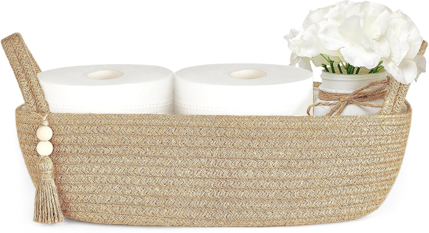Small Storage Basket for Toilet Tank Top Boho Bathroom Decor Woven Rope Toilet Paper Tray Organizer for Shelf Bedroom Living Room, Jute, 1 Pack, 13