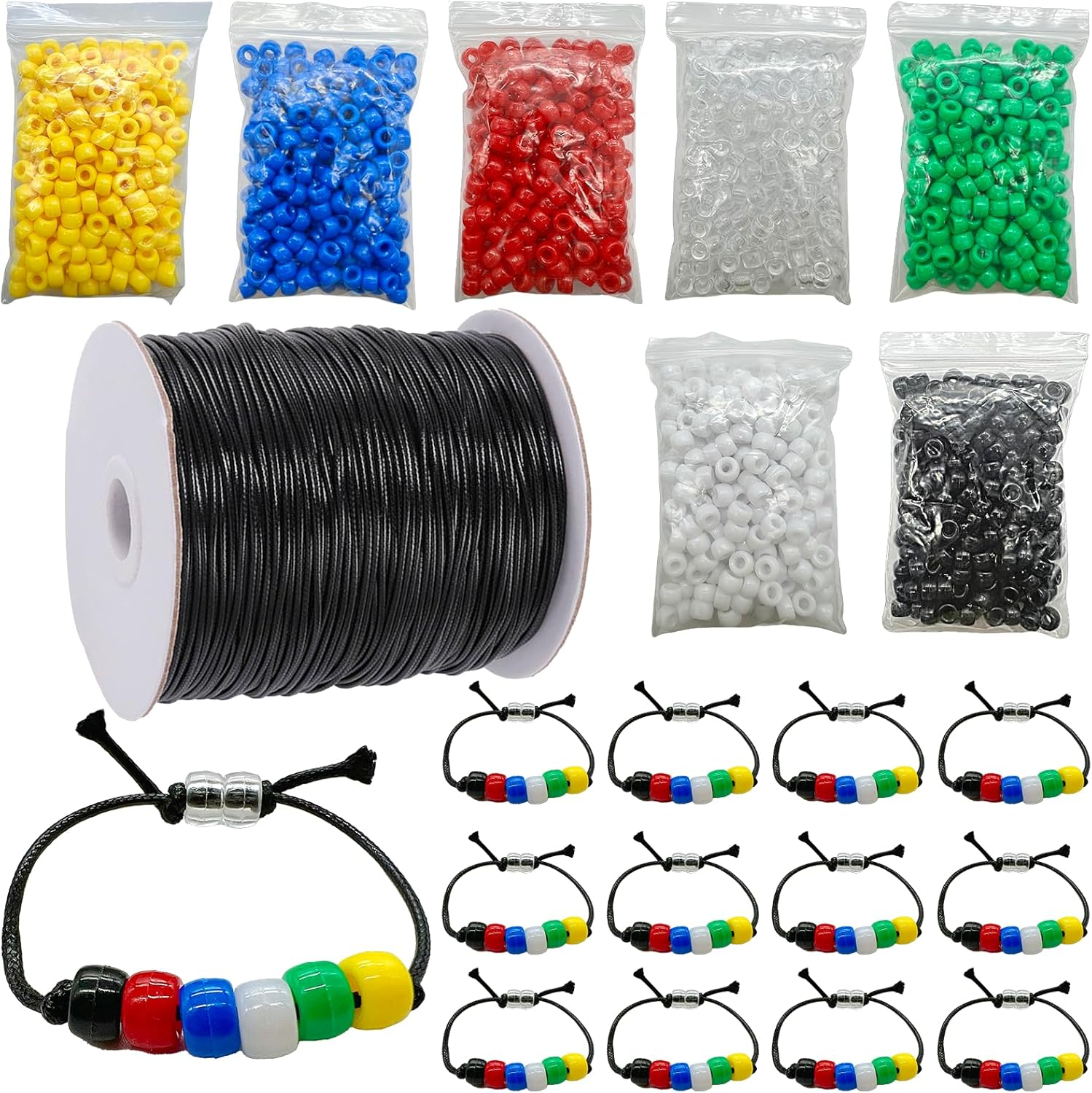 1400 Pcs Plan of Salvation Bracelet Kit Bead Bulk Wordless Faith Bracelet Black White Red Green Yellow Blue Clear Beads with 100 Yards Waxed Cotton Thread Cord Christian Beads for Bracelets