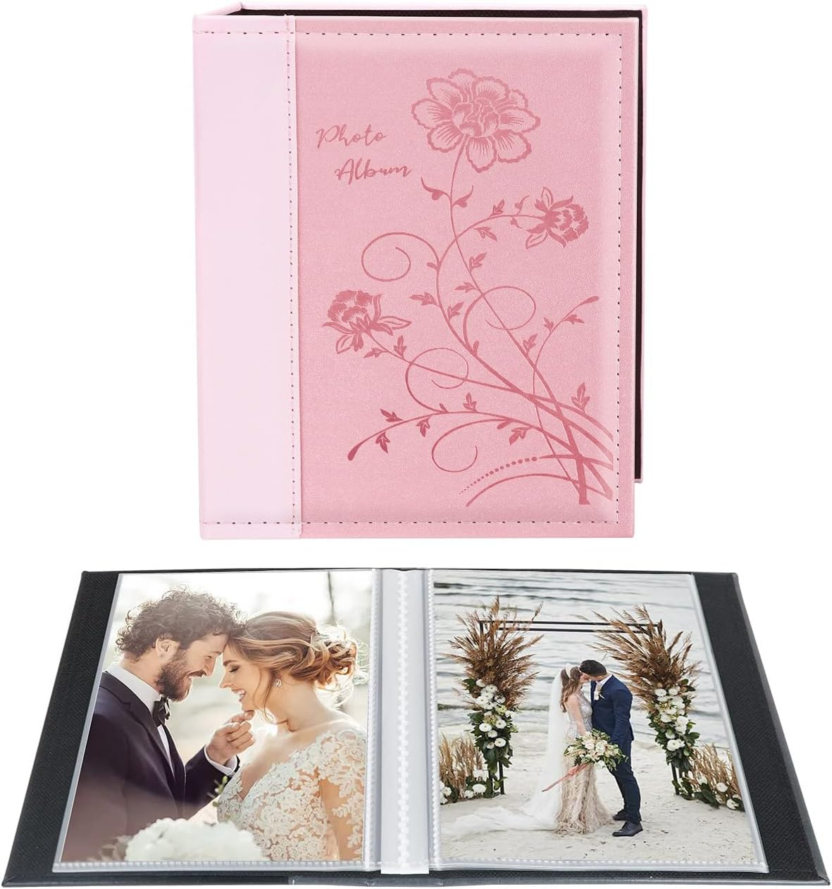 Artmag Photo Album 5X7 Clear Pages Pockets Leather Cover Slip Slide in Photo Album Book Holds 50 Vertical 5X7 Photos Picture Book for Wedding Family (Pink)