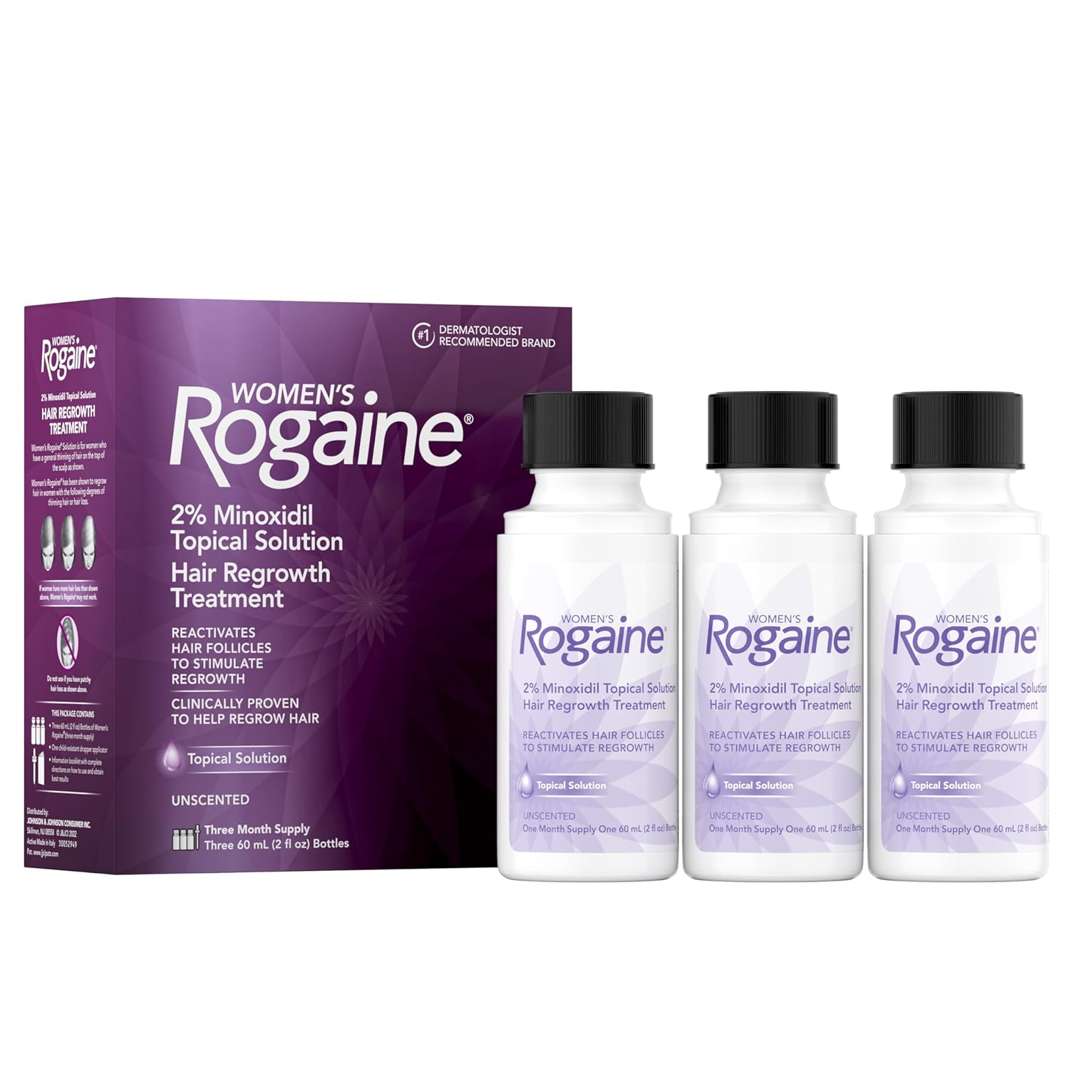 Rogaine Women'S 2% Minoxidil Topical Solution for Womens Hair Thinning and Loss & Hair Regrowth, 3-Month Supply, 4 Piece Set, Unscented, 6 Fl Oz