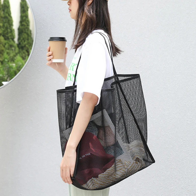 Summer New Mesh Totes Bag Hollow Out Large Capacity Shoulder Bags for Women Travel Beach Bag Student Bookbag Shopping Back