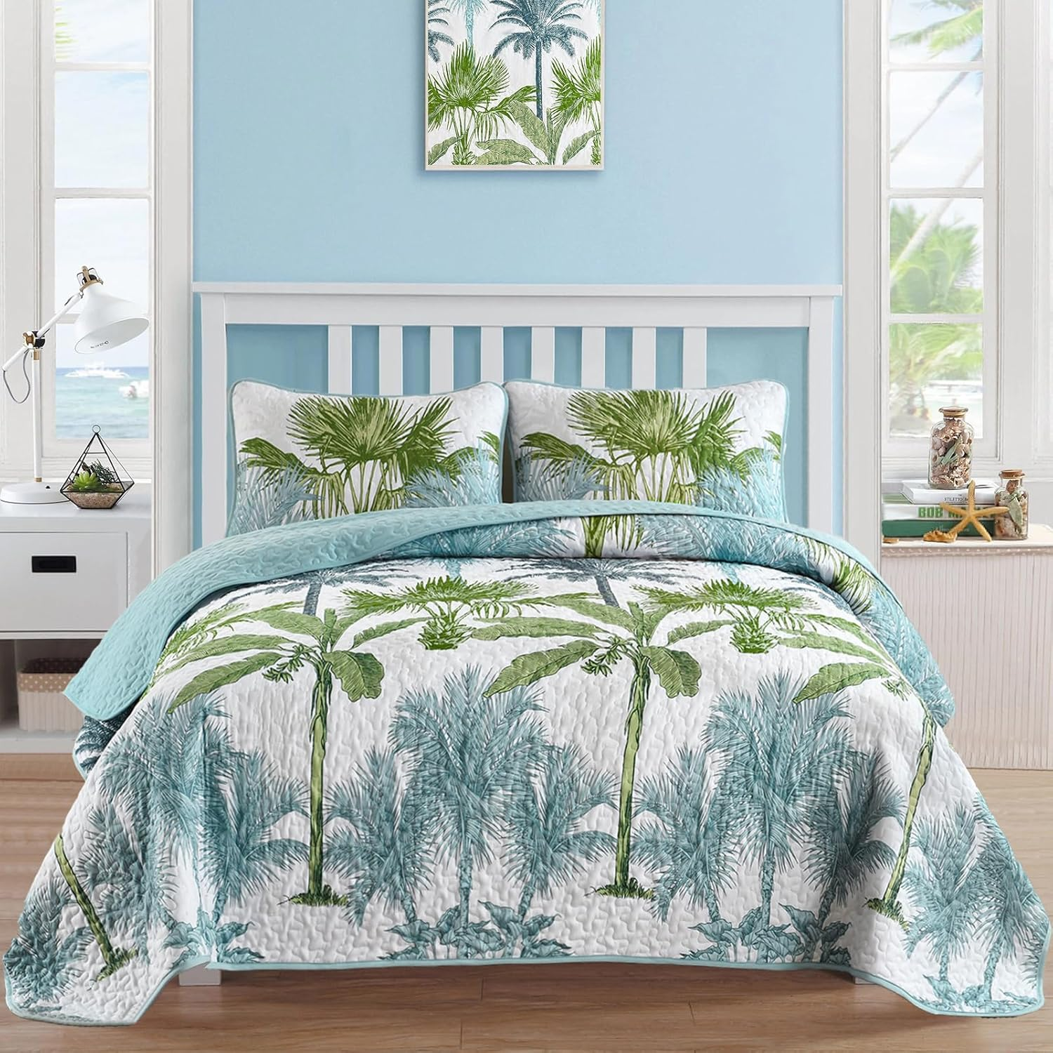 Tropical Plants Quilt Set King Size 3 Pieces Green and Blue Palm Botanical Bedspread Rainforest Style Bedding Set Soft Lightweight Bed Cover All Season 104