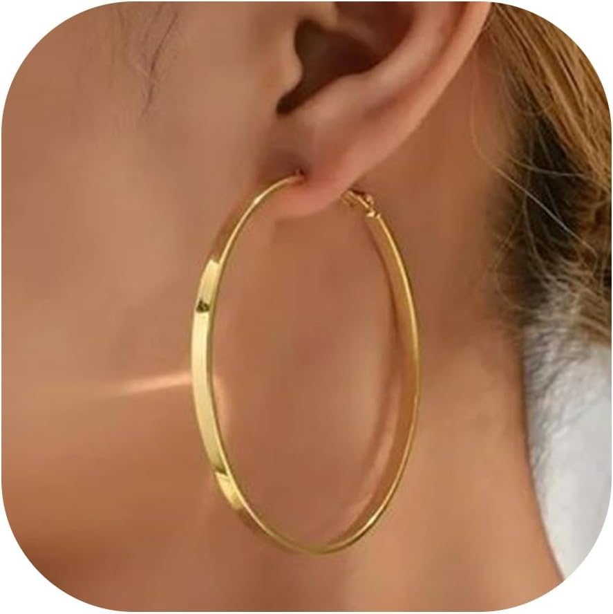 5Mm Wide Gold Hoop Earrings for Women Trendy 14K Gold Plated Large Big Flat Hoop Earrings Non Tarnish Everyday Earrings Jewelry for Women