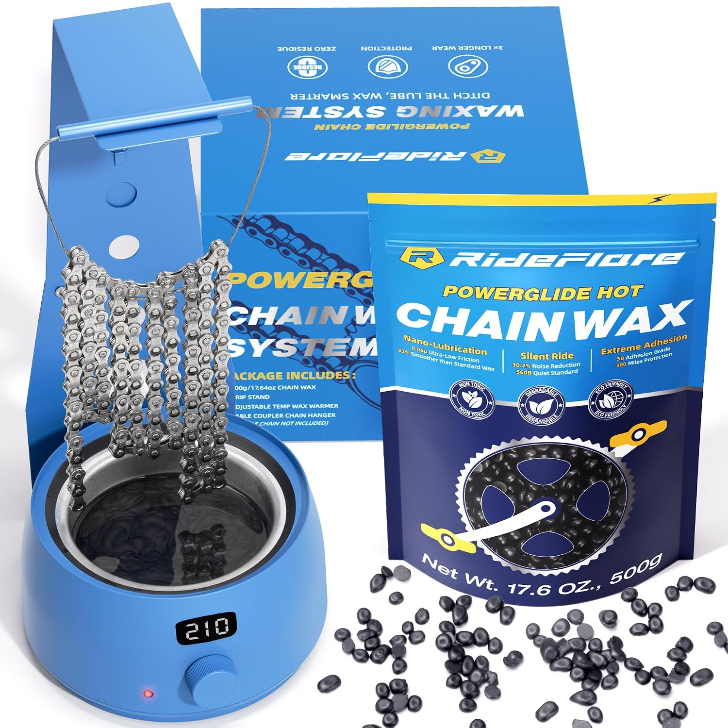 Rideflare Bicycle Chain Wax Melting System – Mess-Free, Efficient Chain Waxing Pot with Precise Temperature Control and Ultra Low Friction Chain Wax for Quiet, Clean Drivetrains