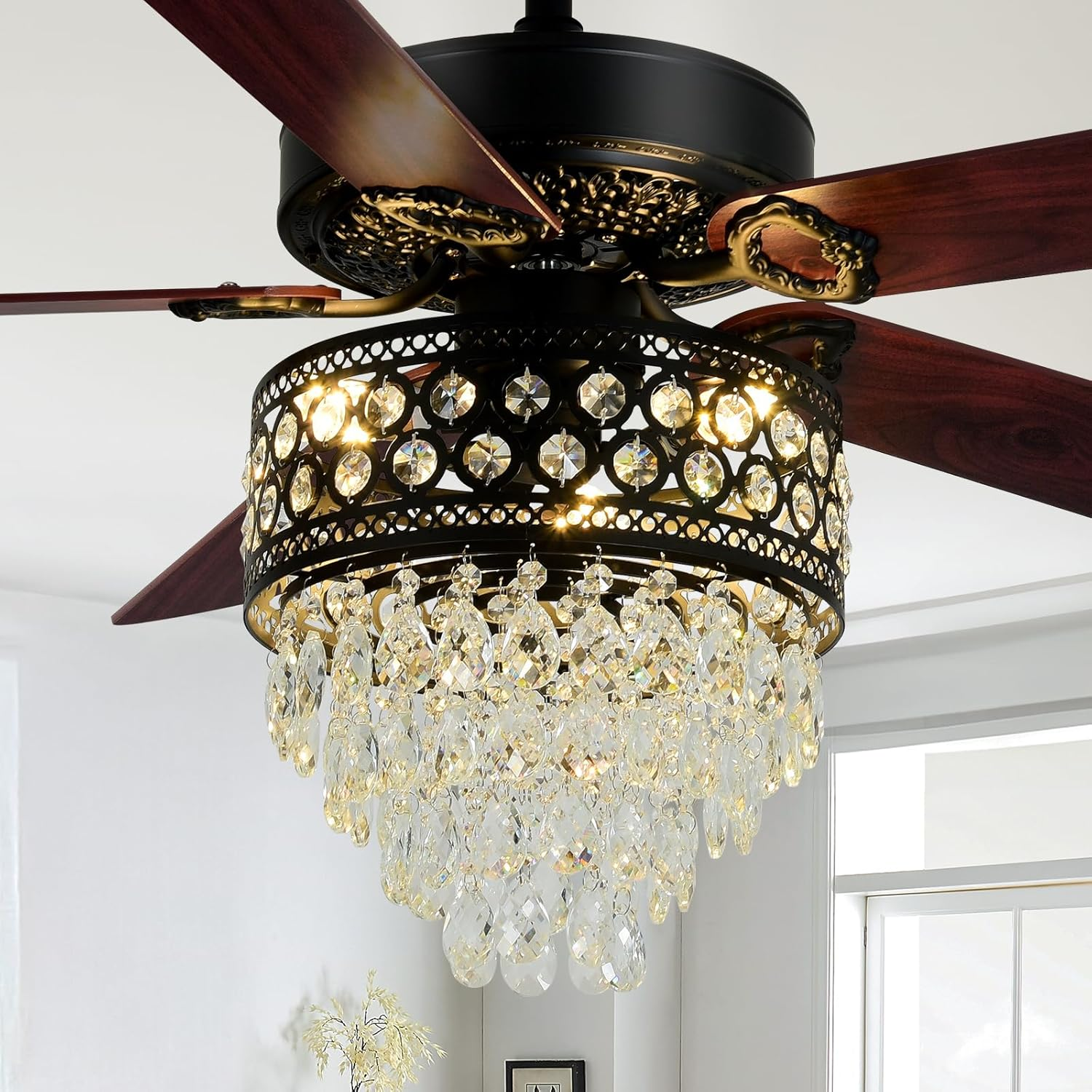 Crystal Chandelier Ceiling Fan, 3-Light Farmhouse Fandelier with Remote - Silent AC Motor, K9-Crystal, Wood Blades, 3-Speed and Timing, Energy-Efficient Ceiling Fans for Living Room (52