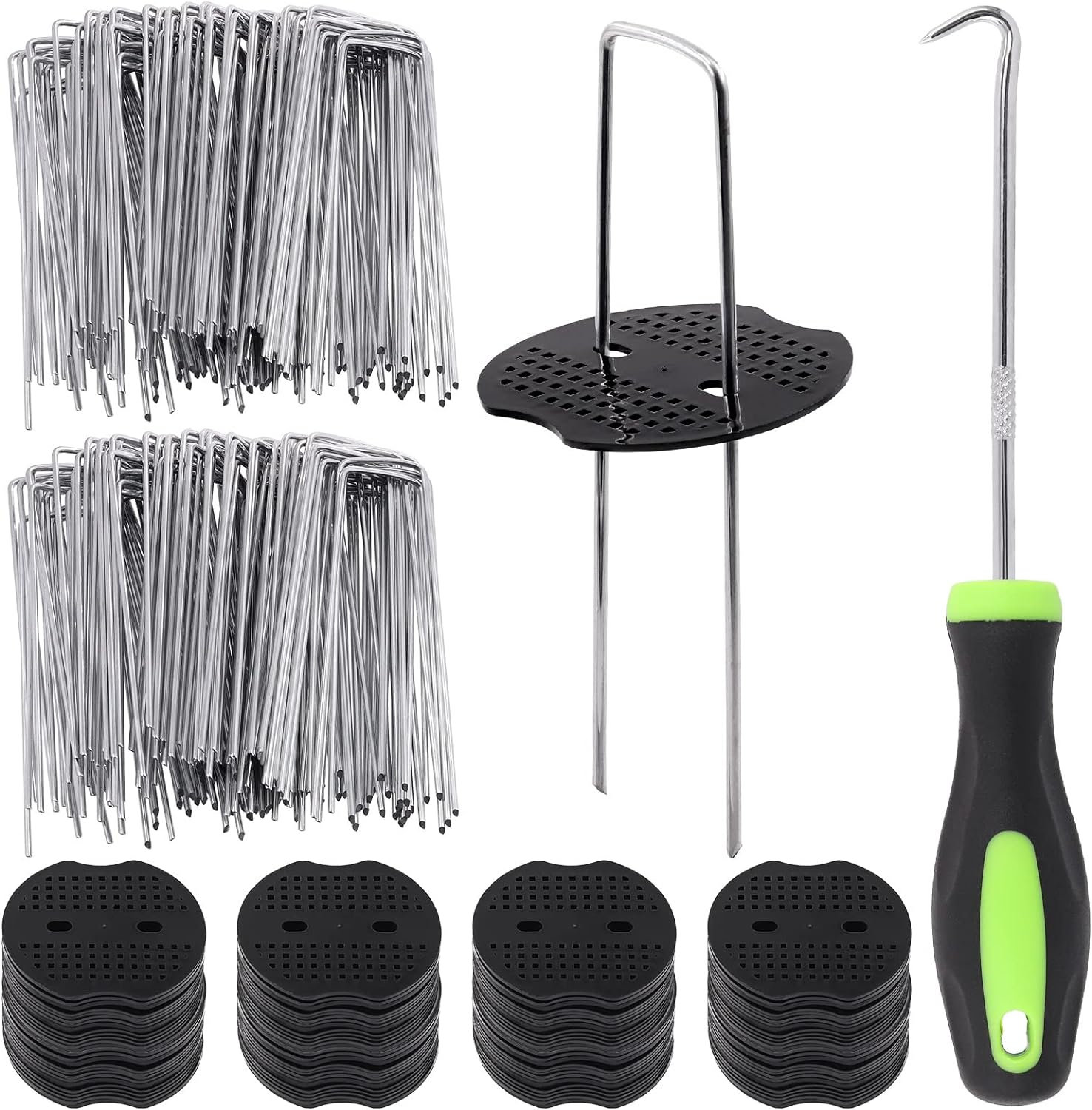 201Pcs Garden Stakes Staples Kit, 100Pcs 6 Inch U-Shaped Landscape Staples, 100Pcs Fixing Gasket with 1Pc Pick Hook for Weed Barrier Fabric, Ground Cover, Holding Fence and Artificial Turf