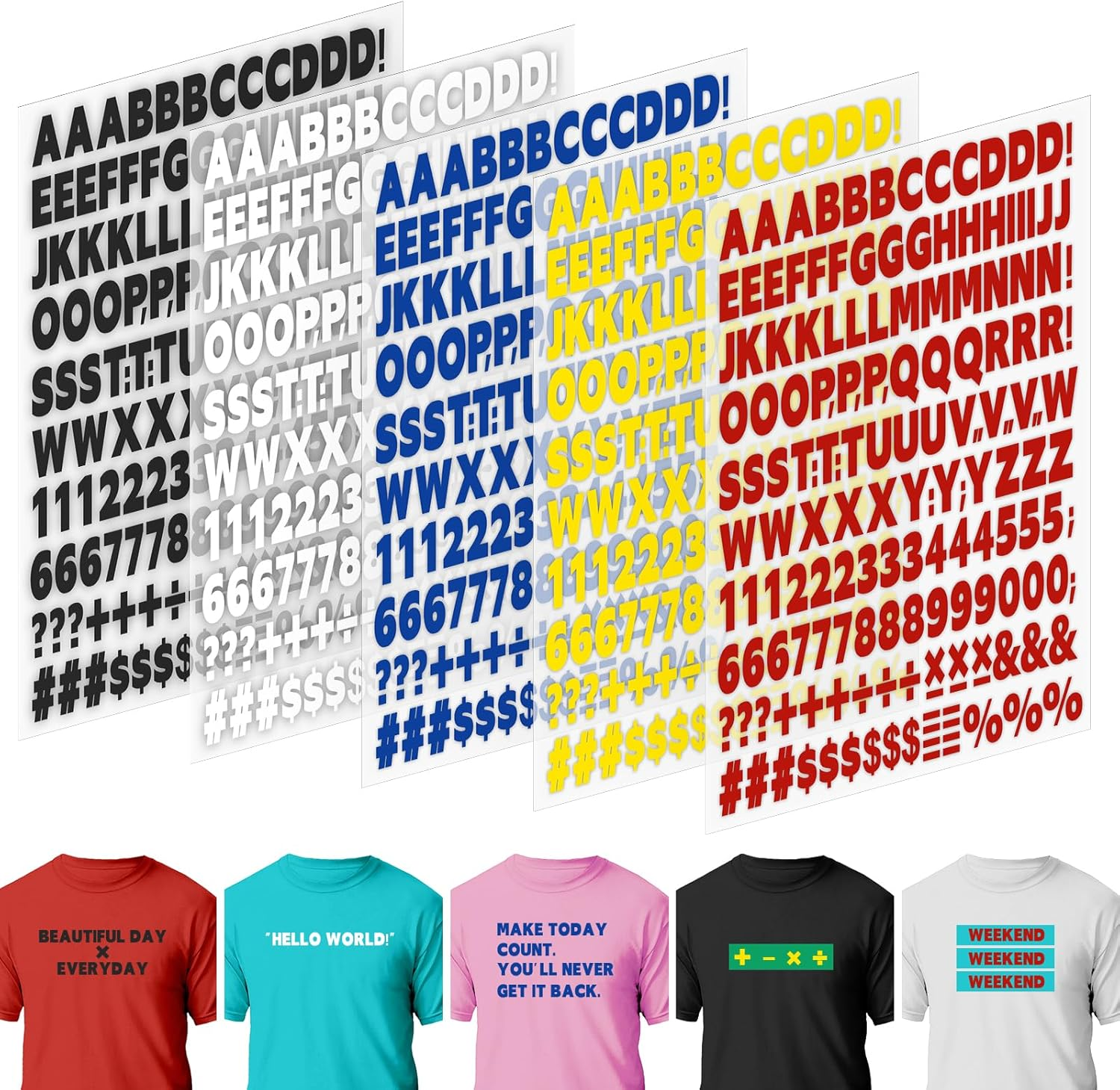 10 Sheets 1660 Pieces Iron on Letters and Numbers, 1 Inch 5 Colors Vinyl Letters